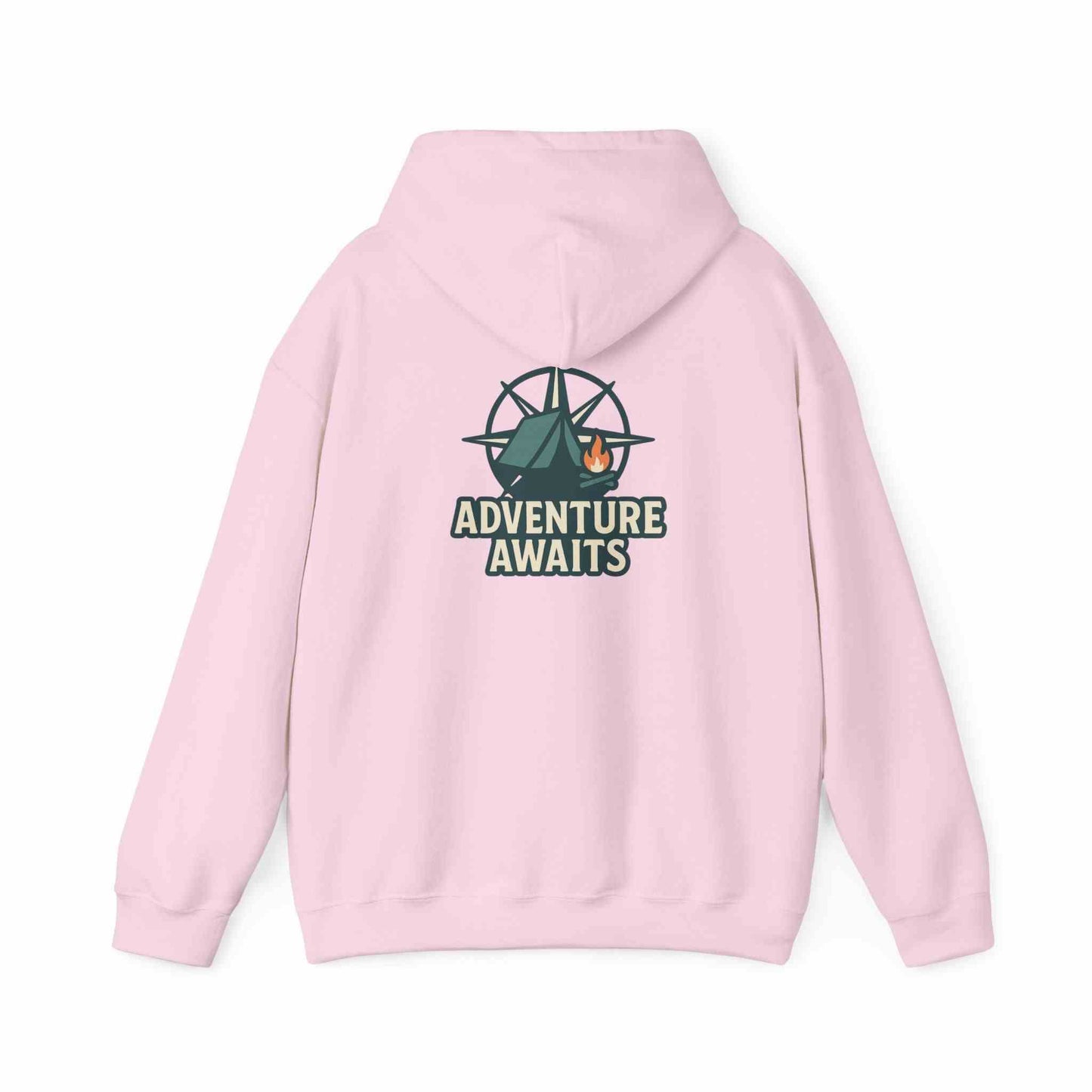Pink unisex hoodie with Adventure Awaits camping and compass design on back for travel lovers