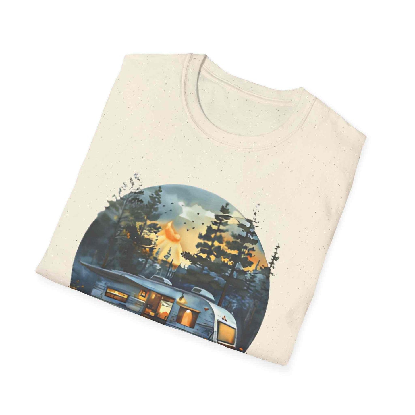 Cozy Camper Unisex softstyle t-shirt with camping trailer and forest design on cream fabric