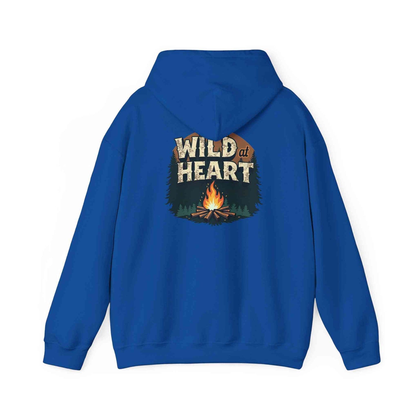 Wild Heart Unisex Hoodie in blue with campfire graphic and "Wild at Heart" text, cozy camping sweatshirt design