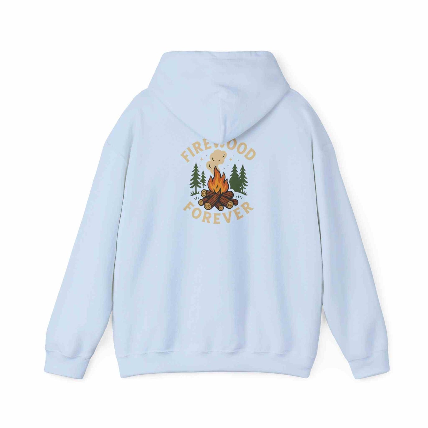 Light blue Cozy Campfire Hoodie with campfire graphic and "Firewood Forever" text on the back, unisex sweatshirt for outdoor warmth and comfort