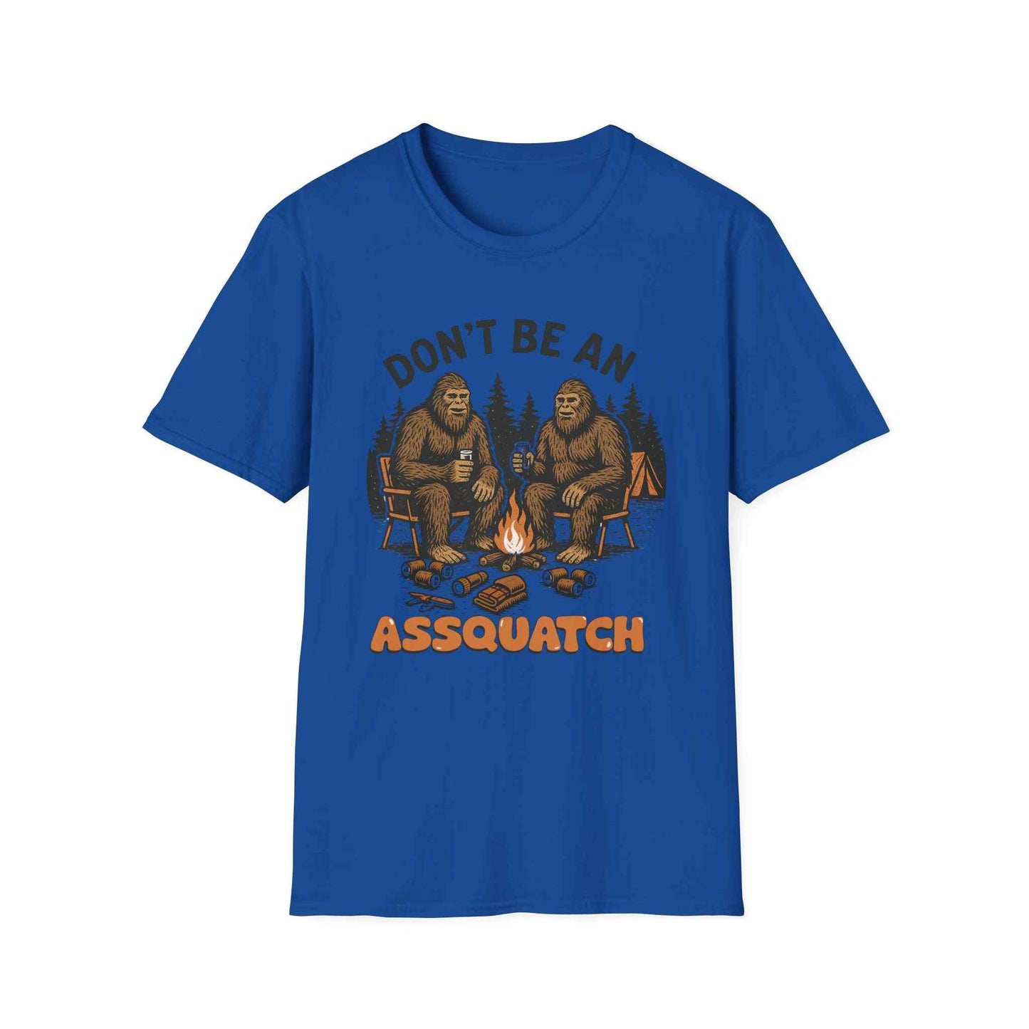 Funny Sasquatch Camping T-Shirt with playful Bigfoot campfire graphic on blue unisex tee