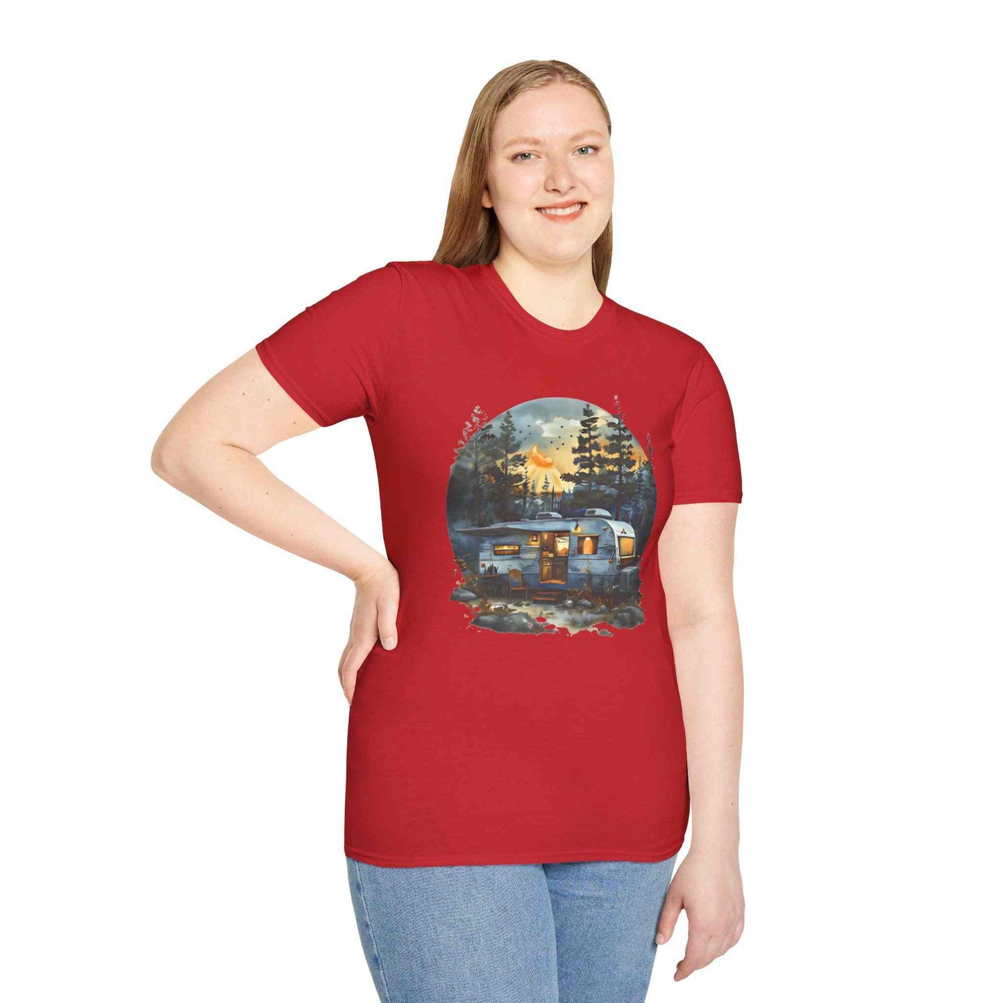 Cozy Camper Unisex softstyle red t-shirt with camping graphic, worn by smiling woman
