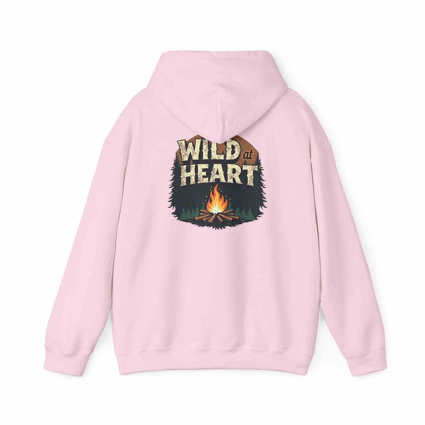 Pink Wild Heart Unisex Hoodie with camping fire graphic on back, cozy outdoor sweatshirt