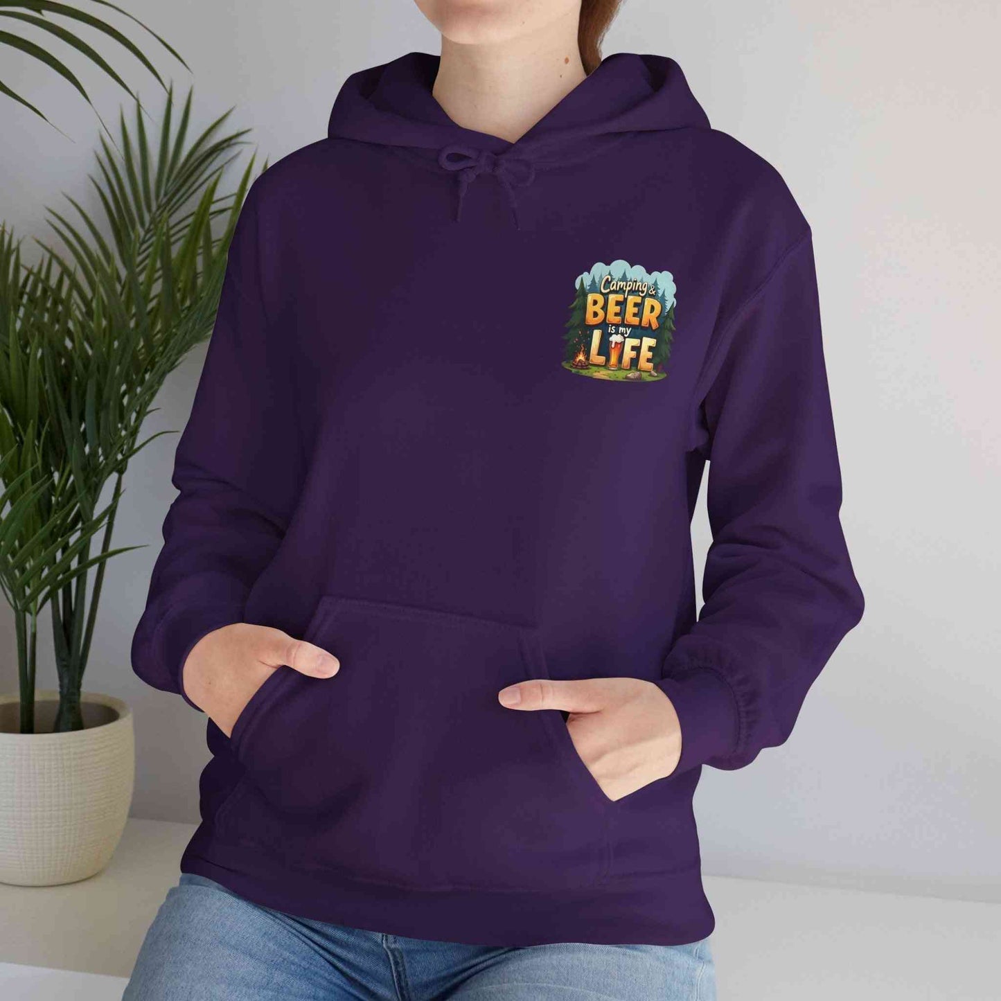Unisex purple Beer Life Camping Hoodie with kangaroo pocket and adjustable hood worn by person indoors