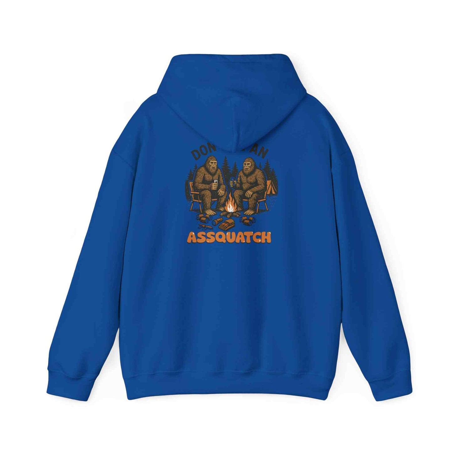 Blue cozy Bigfoot hoodie with Sasquatch campfire design, unisex outdoor sweatshirt for nature lovers