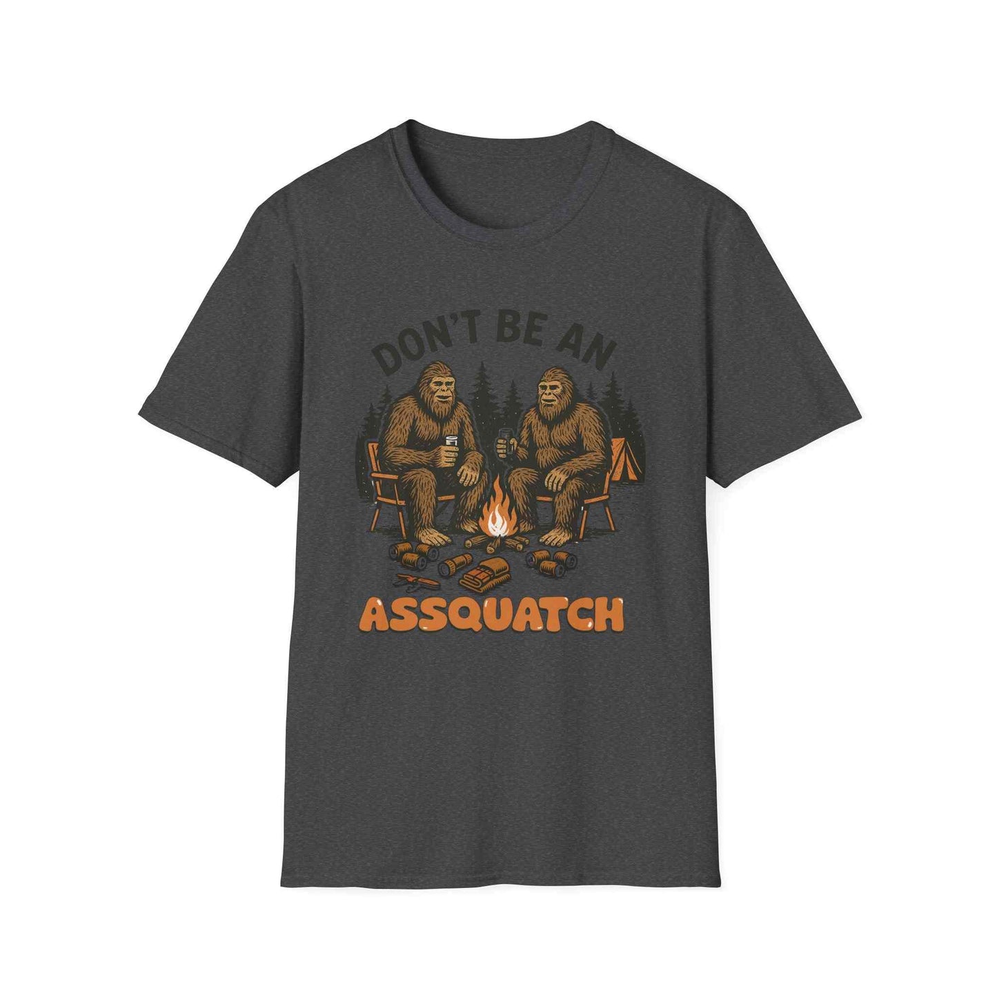 Funny Sasquatch Camping T-Shirt with Bigfoot sitting by campfire design on charcoal gray unisex tee