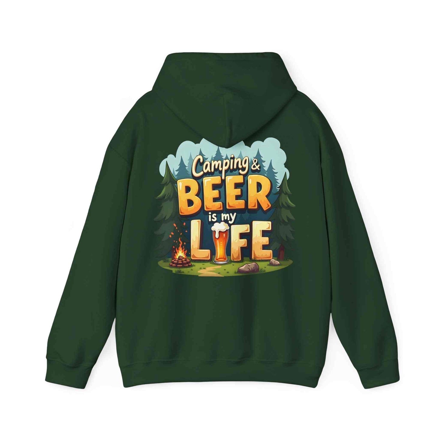 Green unisex Beer Life Camping Hoodie with camping and beer graphic design on the back