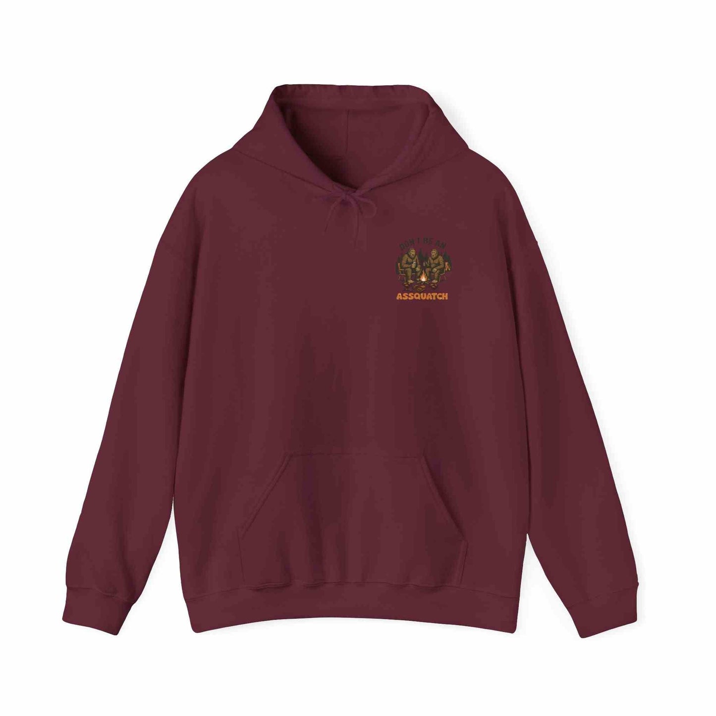 Maroon unisex Cozy Bigfoot Hoodie with Sasquatch design and front pocket for outdoor wear