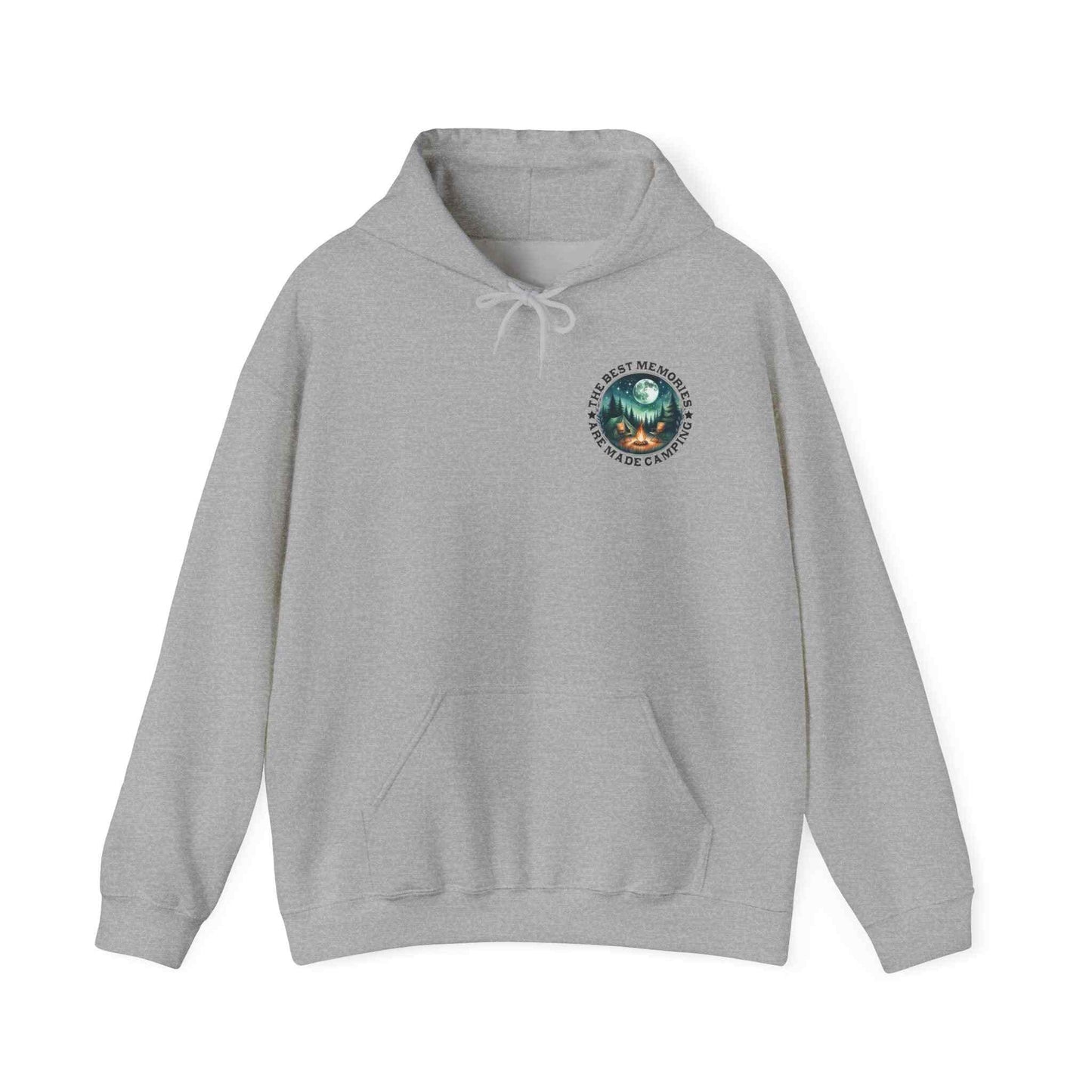 Cozy gray unisex camping adventure sweatshirt with front pocket and themed graphic logo