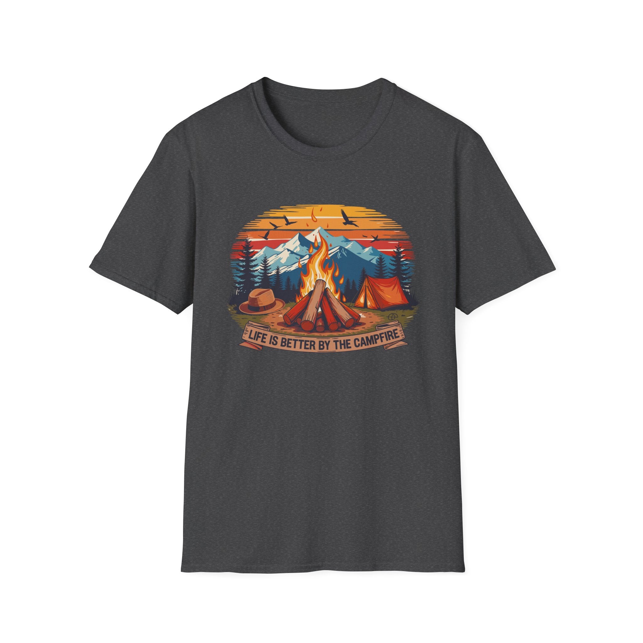 Campfire Vibes Unisex Softstyle T-Shirt, Outdoor Lovers Tee, Adventure Gift, Camping Apparel, Summer Festivals, Nature Enthusiast