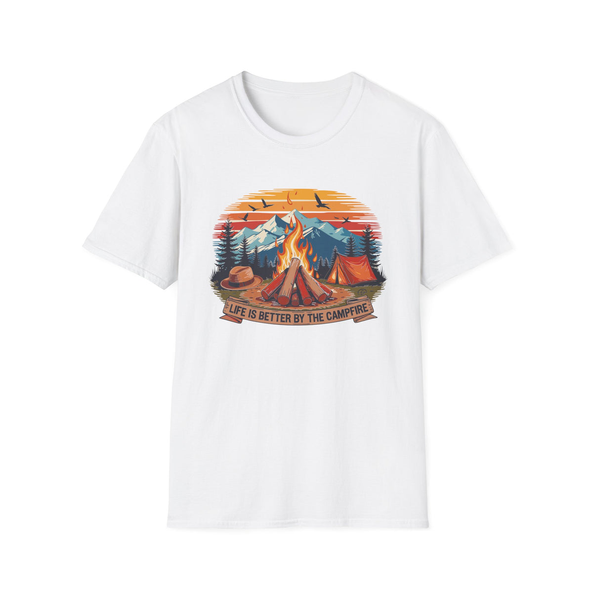 Campfire Vibes Unisex Softstyle T-Shirt, Outdoor Lovers Tee, Adventure Gift, Camping Apparel, Summer Festivals, Nature Enthusiast