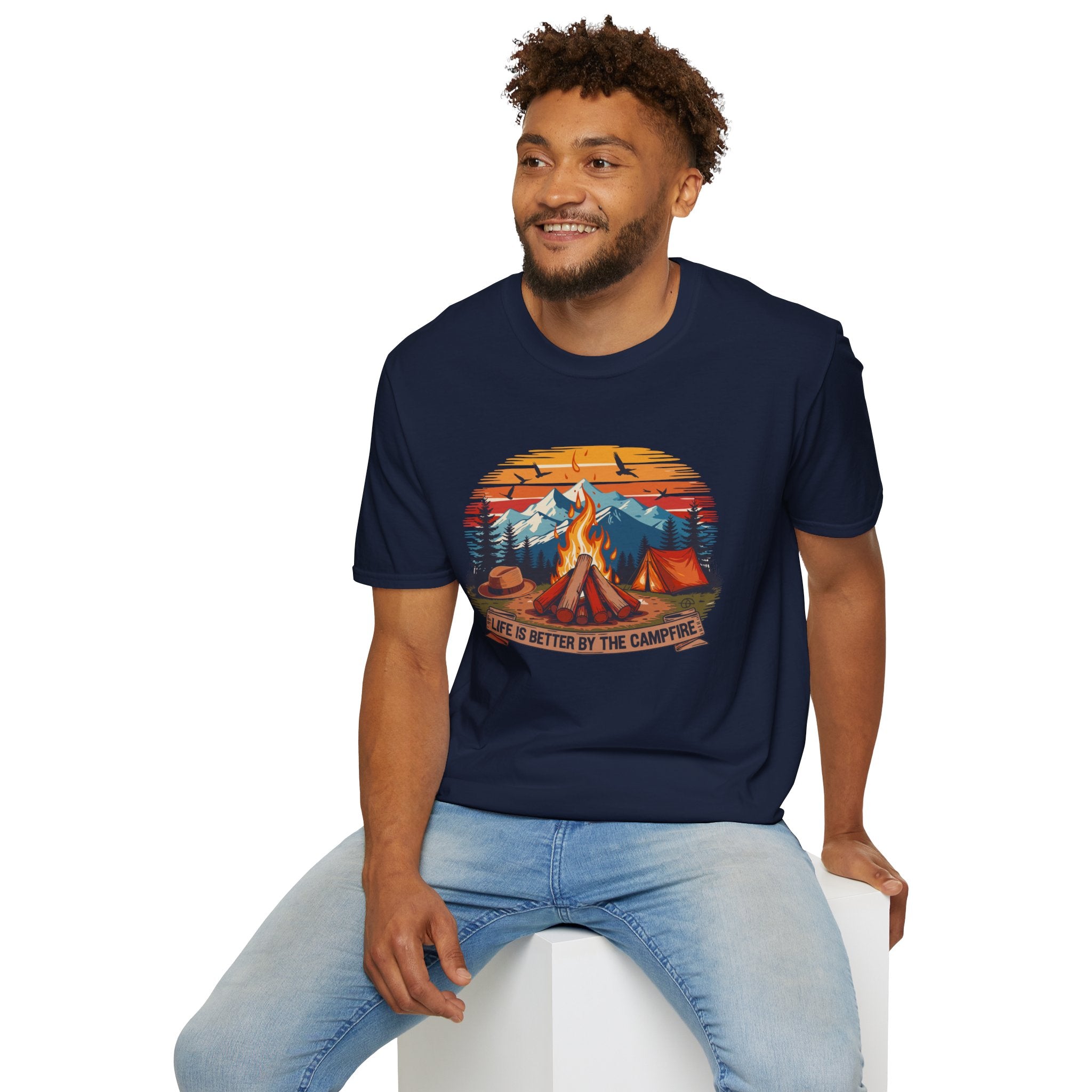 Campfire Vibes Unisex Softstyle T-Shirt, Outdoor Lovers Tee, Adventure Gift, Camping Apparel, Summer Festivals, Nature Enthusiast