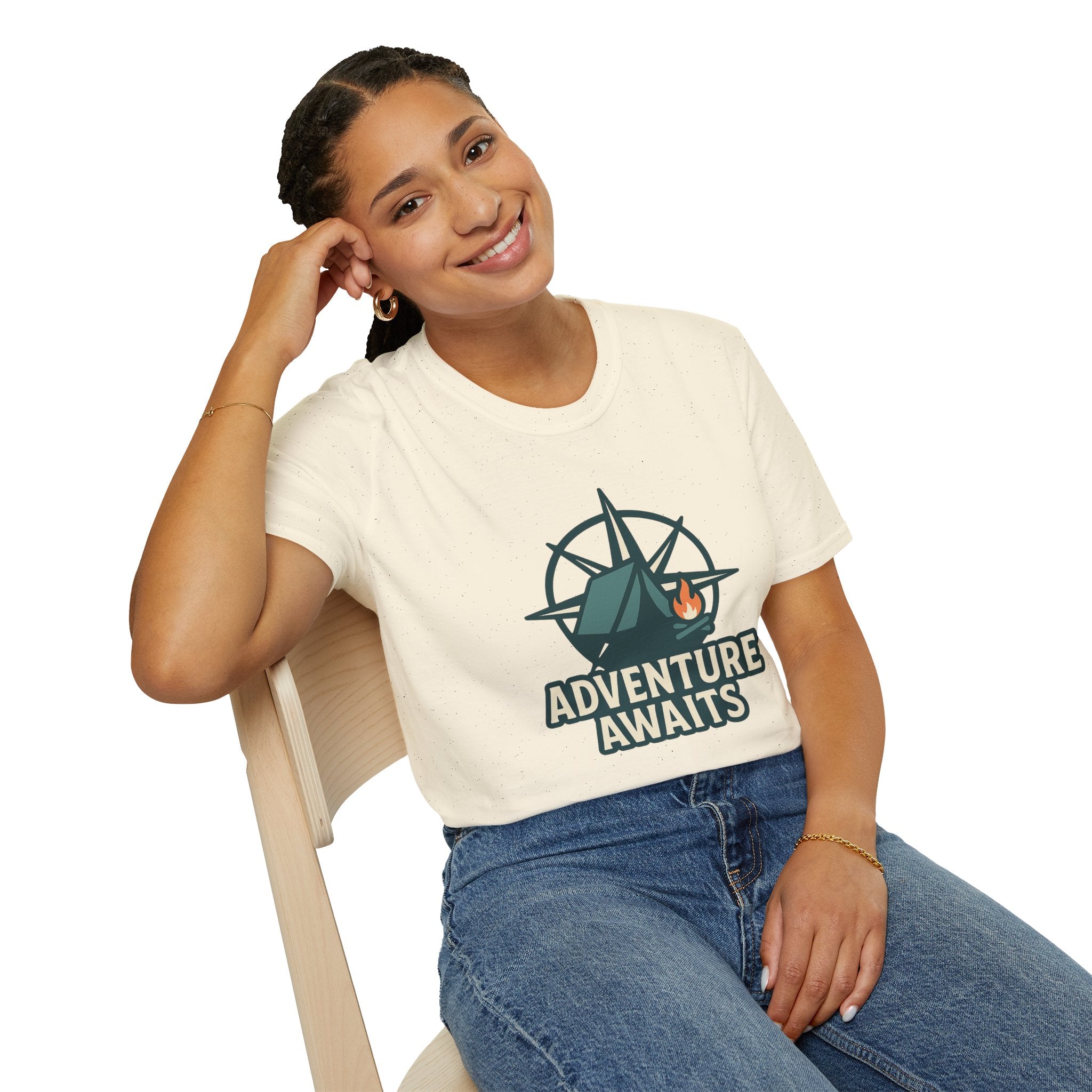 Adventure Awaits Unisex Softstyle T-Shirt, Camping Shirt, Hiking Tee, Outdoor Enthusiast Gift, Adventure Lover Apparel, Travel T-Shirt