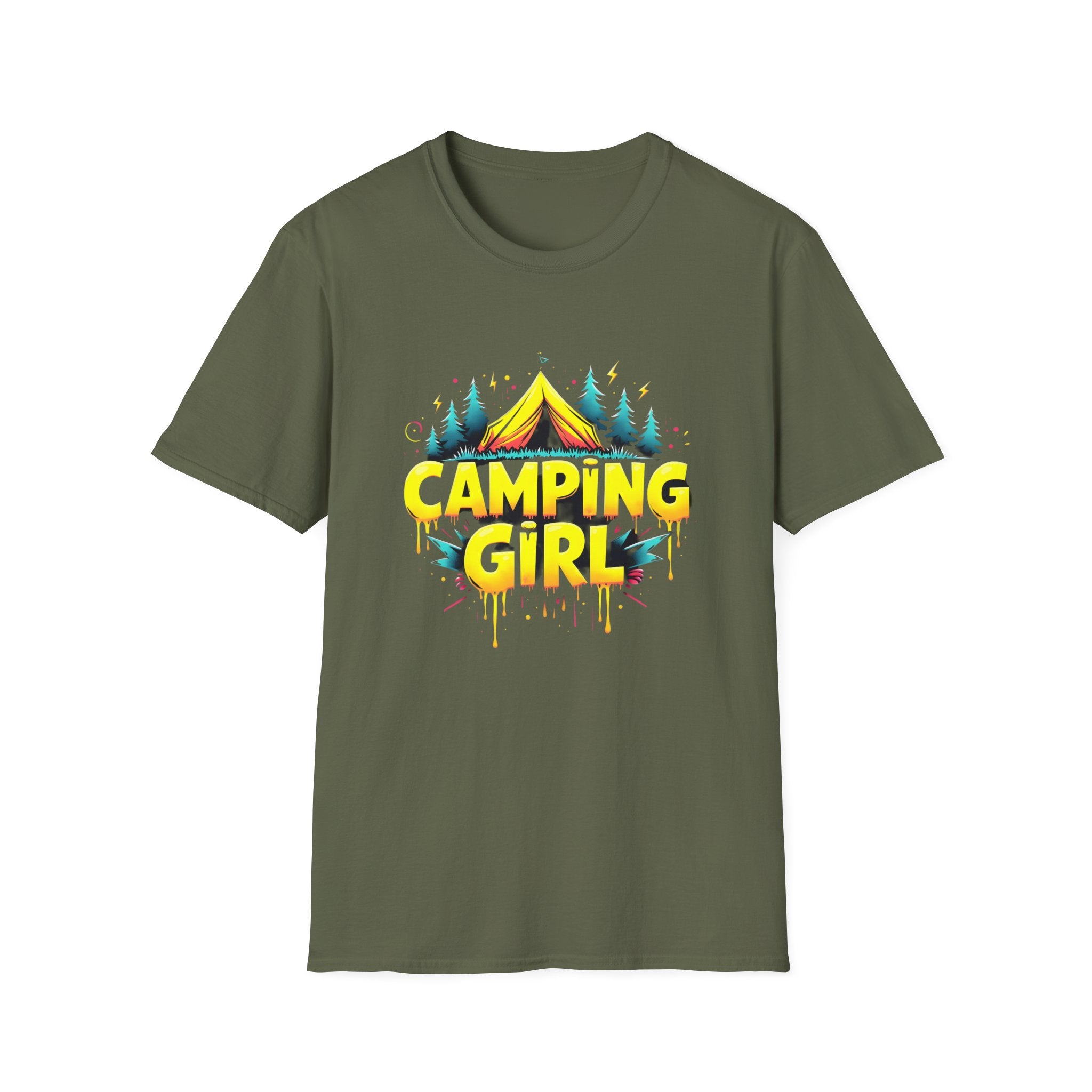 Camping Girl Unisex Softstyle T-Shirt, Outdoor Adventure Tee, Gift for Campers, Hiking Apparel, Summer Vacation Shirt