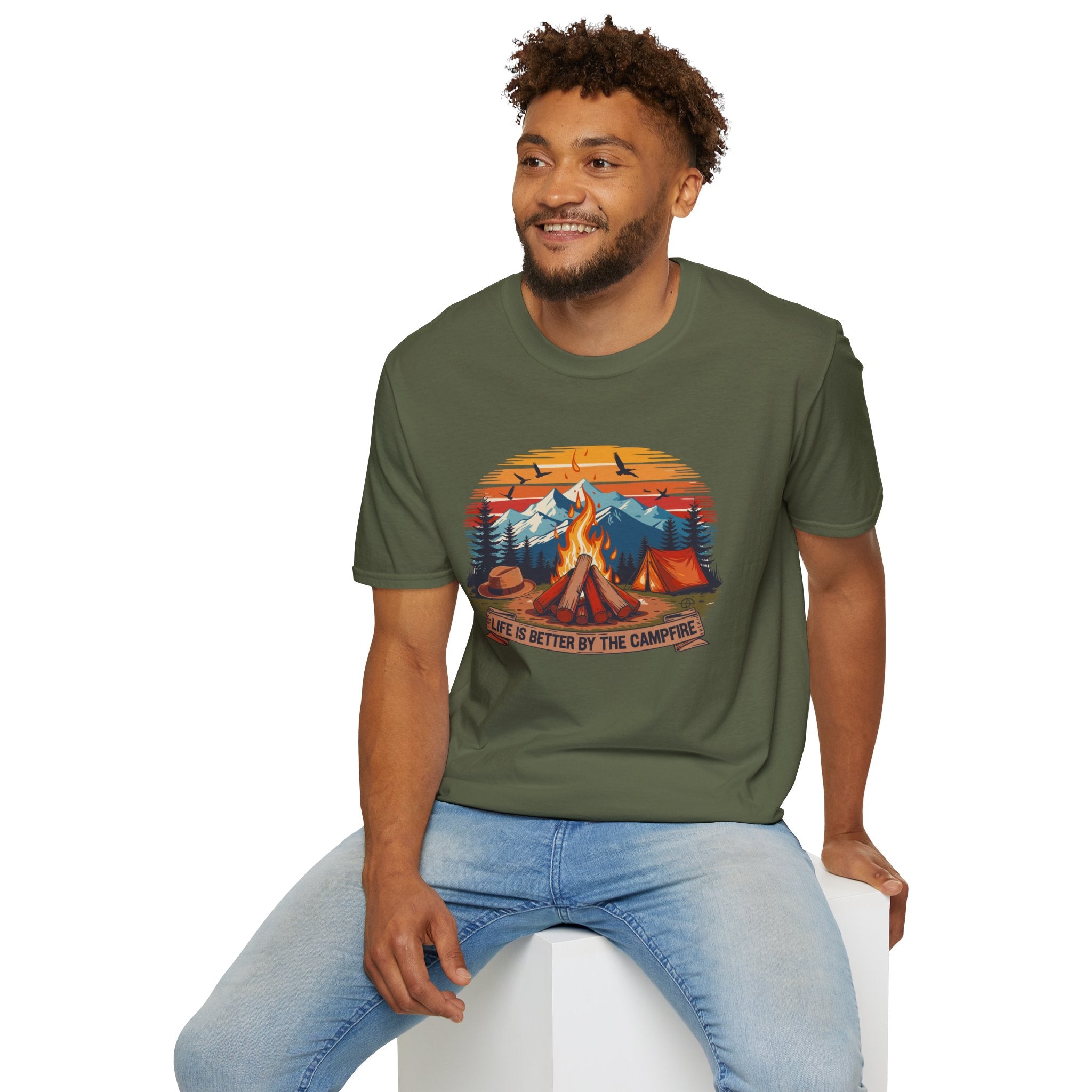 Campfire Vibes Unisex Softstyle T-Shirt, Outdoor Lovers Tee, Adventure Gift, Camping Apparel, Summer Festivals, Nature Enthusiast