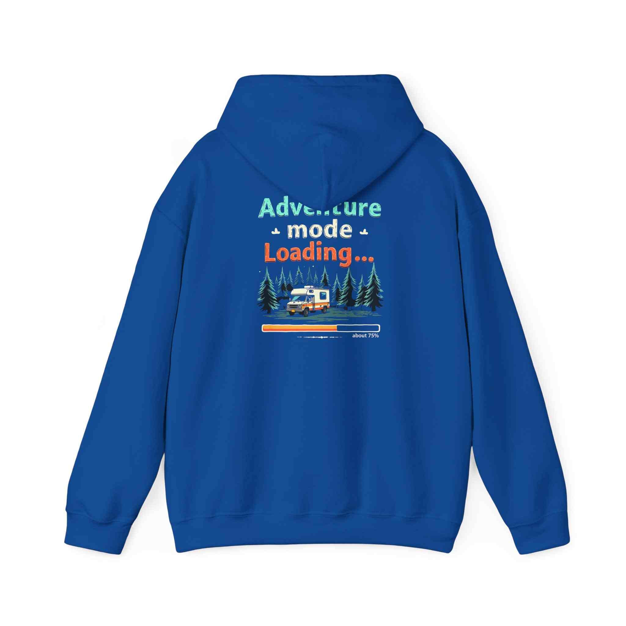 Blue Adventure Mode Sweatshirt with camping graphic and loading bar on back, cozy unisex outdoor hoodie