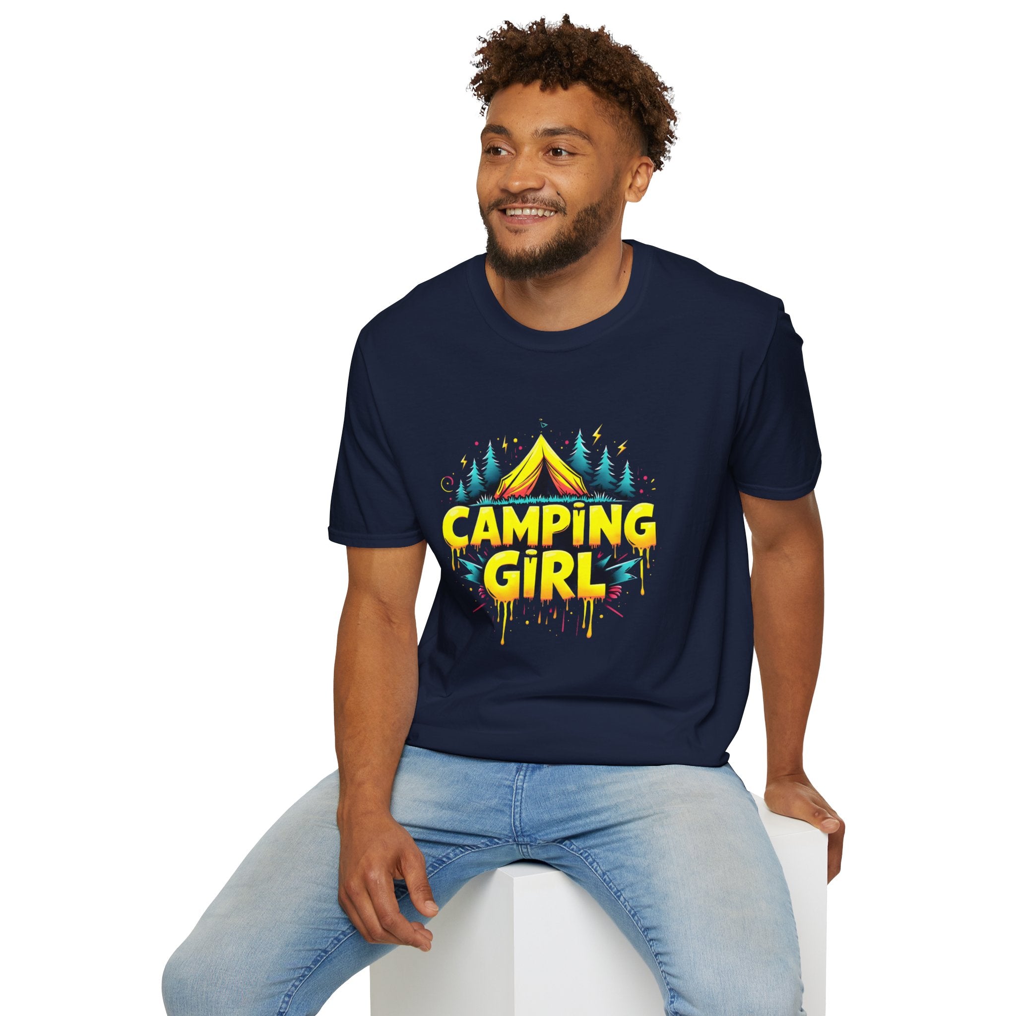 Camping Girl Unisex Softstyle T-Shirt, Outdoor Adventure Tee, Gift for Campers, Hiking Apparel, Summer Vacation Shirt