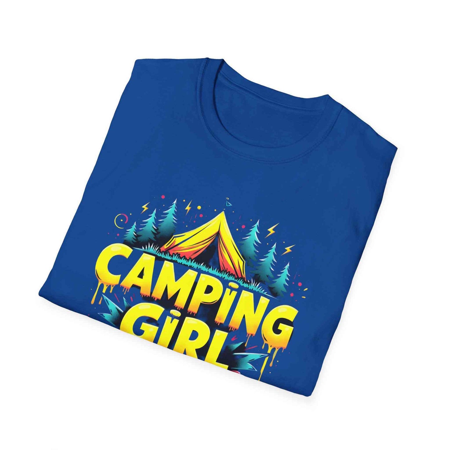 Camping Girl Unisex Softstyle T-Shirt, Outdoor Adventure Tee, Gift for Campers, Hiking Apparel, Summer Vacation Shirt