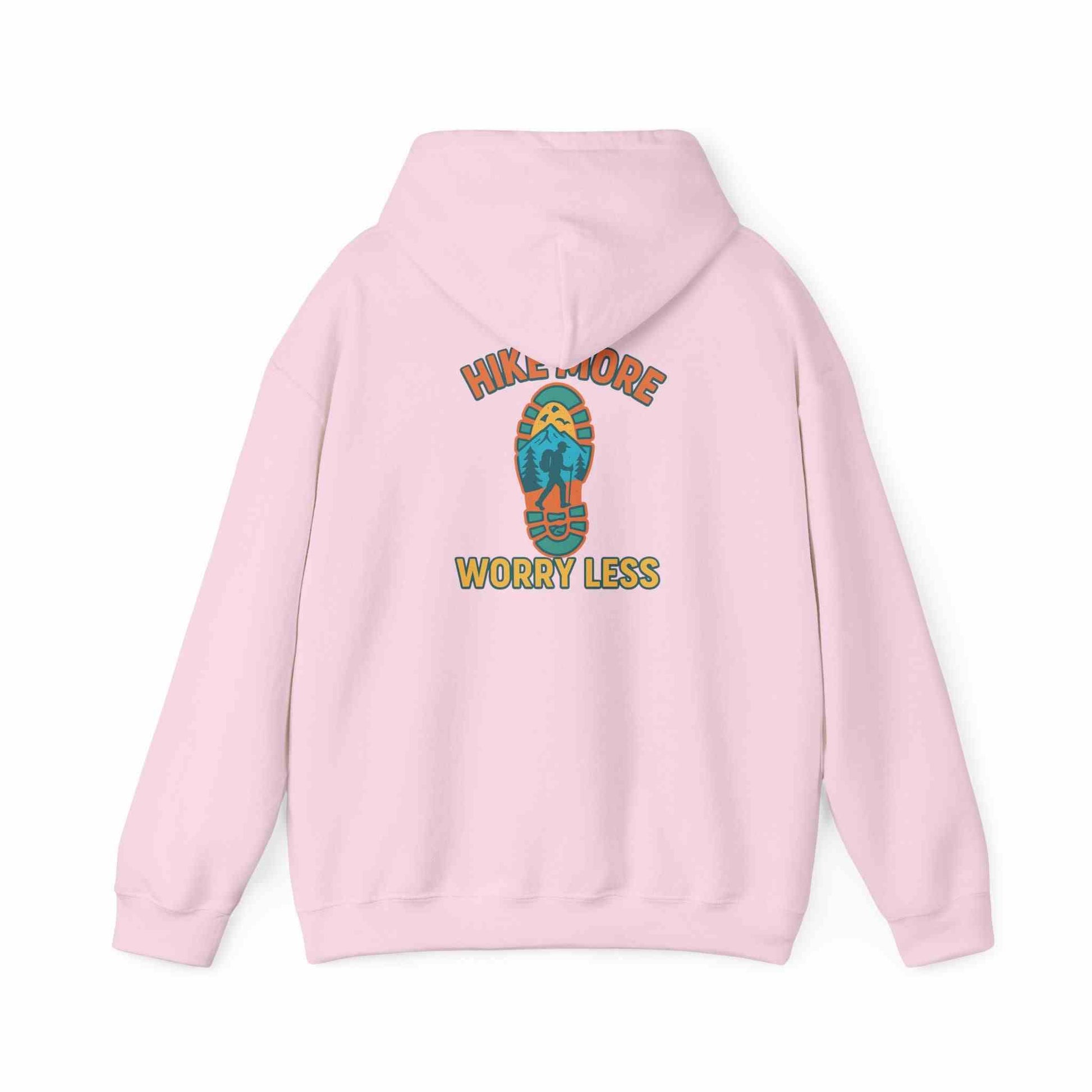 Unisex Heavy Blend™ Hooded Sweatshirt in pink with "Hike More Worry Less" design and hiking boot print on back