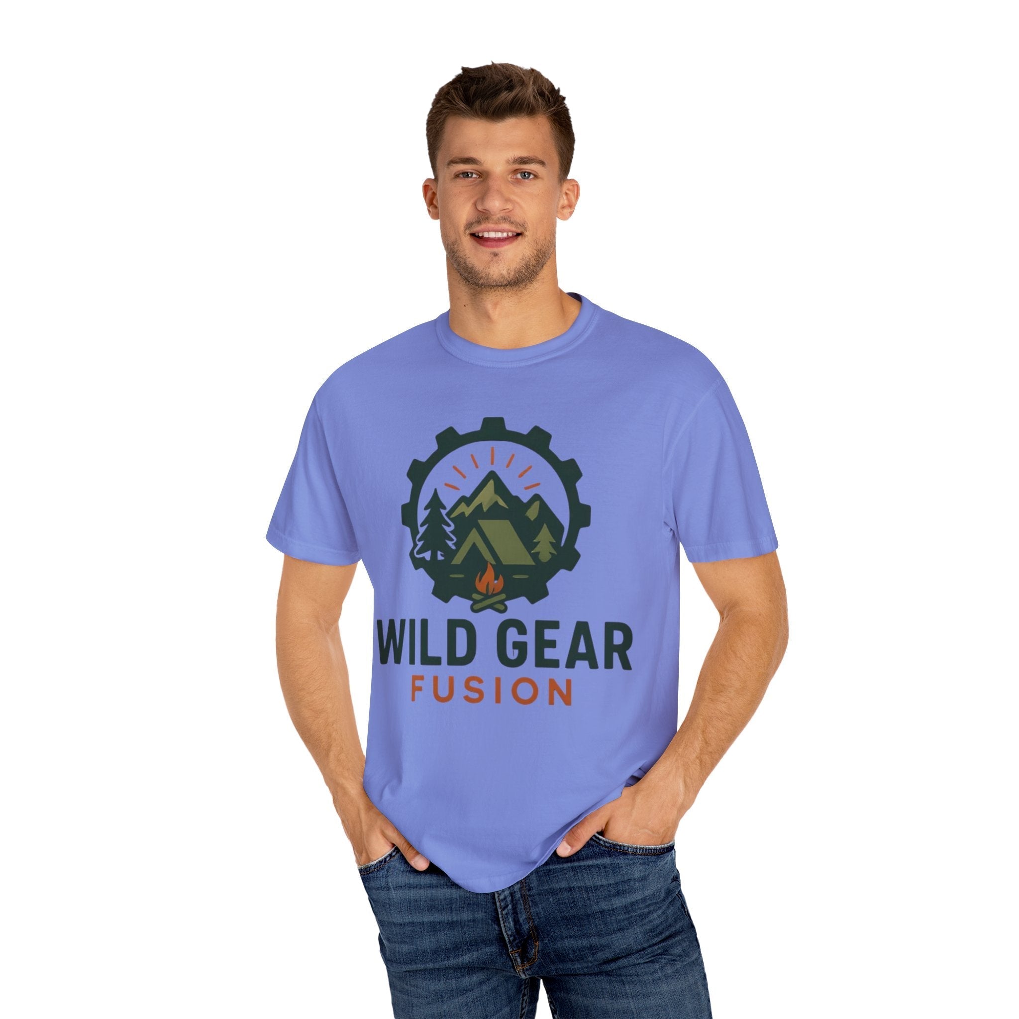 Wild Gear Fusion unisex garment-dyed t-shirt with outdoor camping logo, eco-friendly cotton tee for nature lovers.