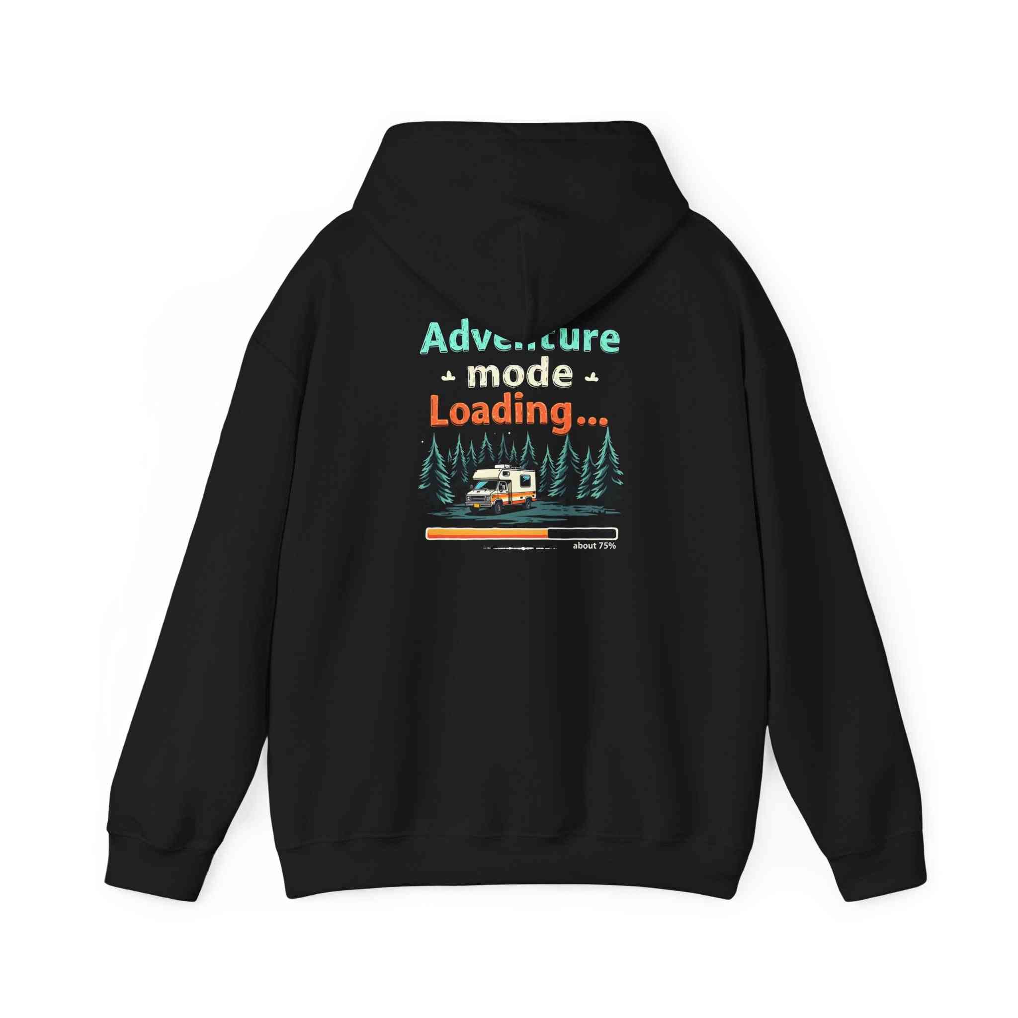 Black unisex Adventure Mode Sweatshirt with outdoor camping graphic and text "Adventure mode Loading" on the back hoodie