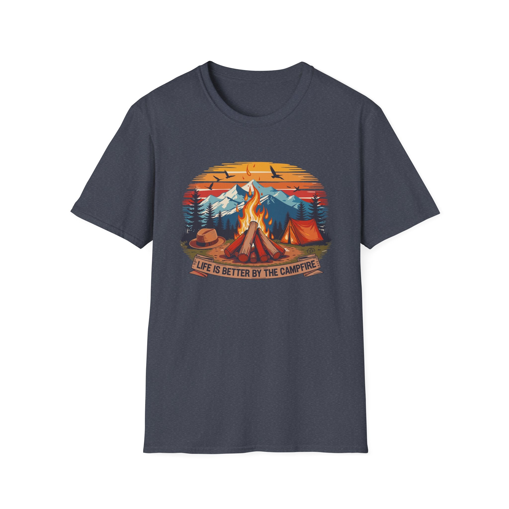 Campfire Vibes Unisex Softstyle T-Shirt, Outdoor Lovers Tee, Adventure Gift, Camping Apparel, Summer Festivals, Nature Enthusiast