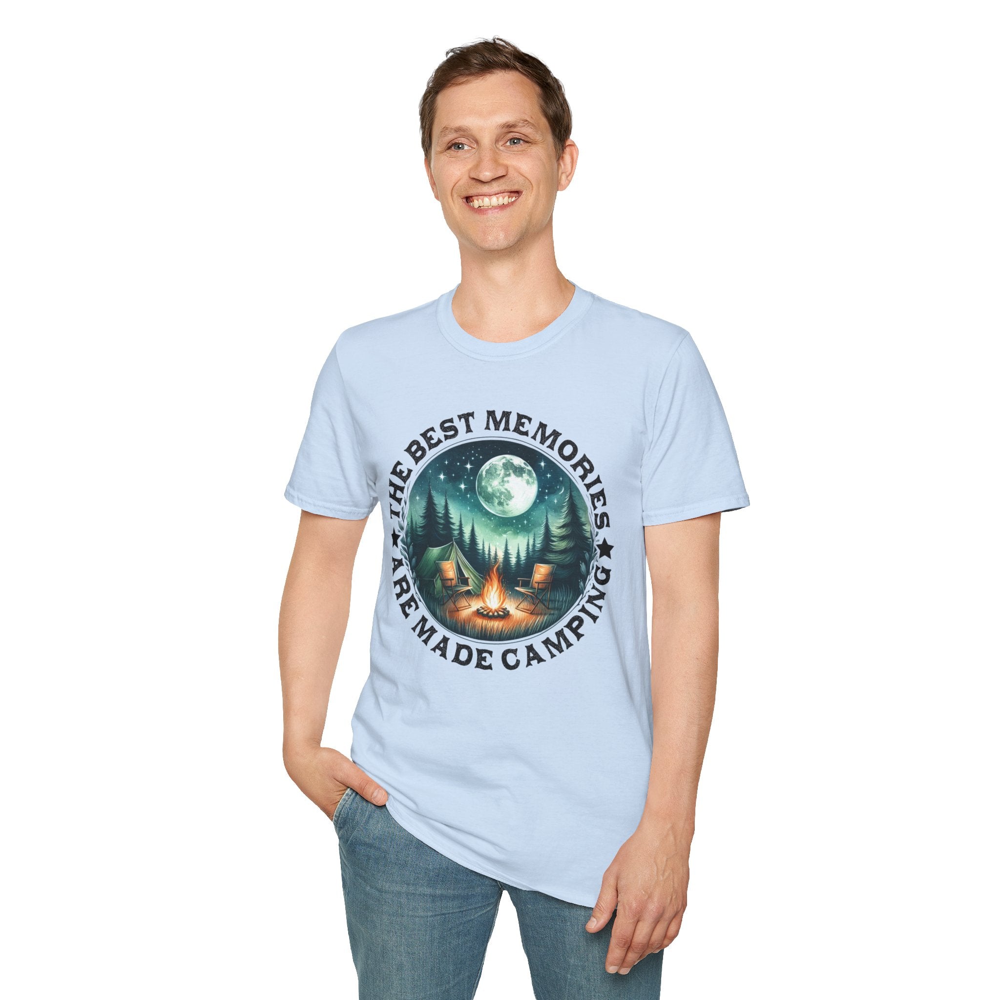 Camping Memories Unisex Softstyle T-Shirt, Outdoor Tee, Nature Lover Gift, Campfire Shirt, Adventure Apparel, Summer Camping Top