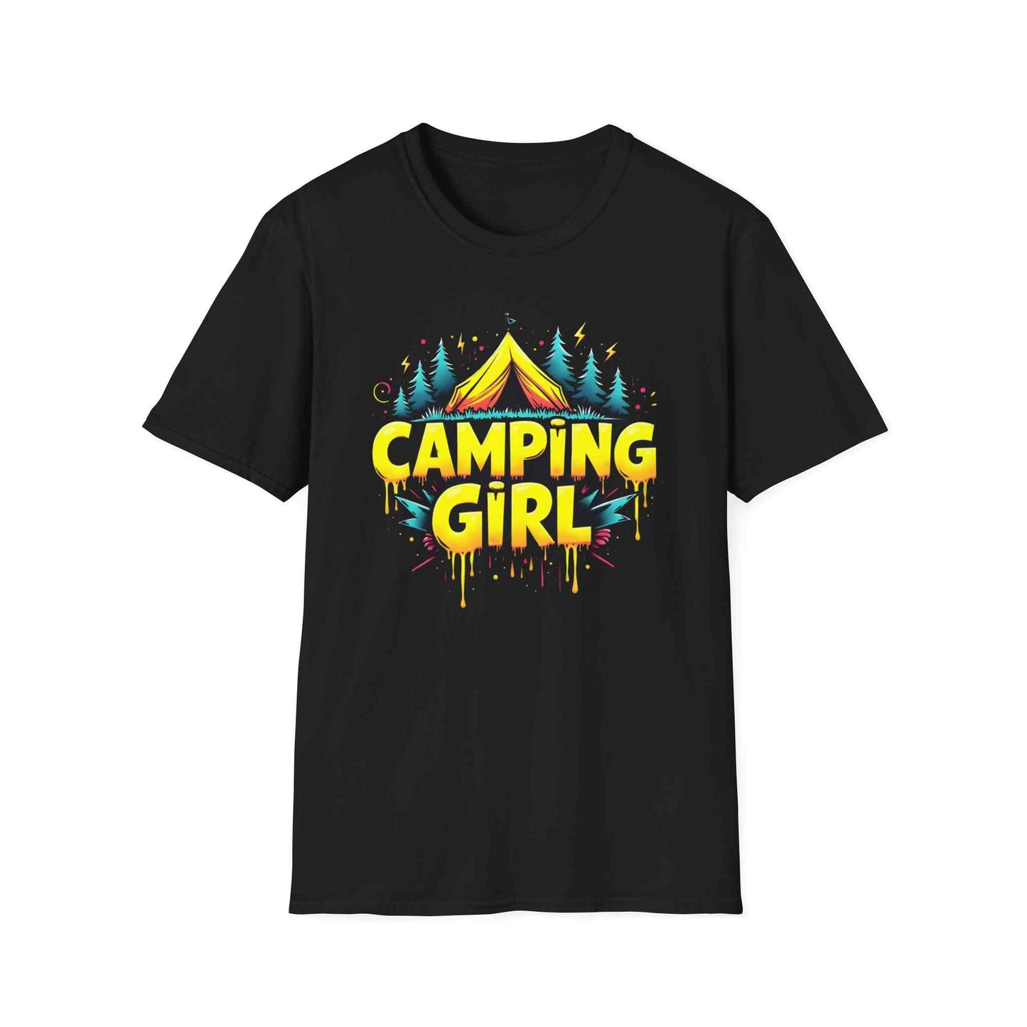 Camping Girl Unisex Softstyle T-Shirt, Outdoor Adventure Tee, Gift for Campers, Hiking Apparel, Summer Vacation Shirt