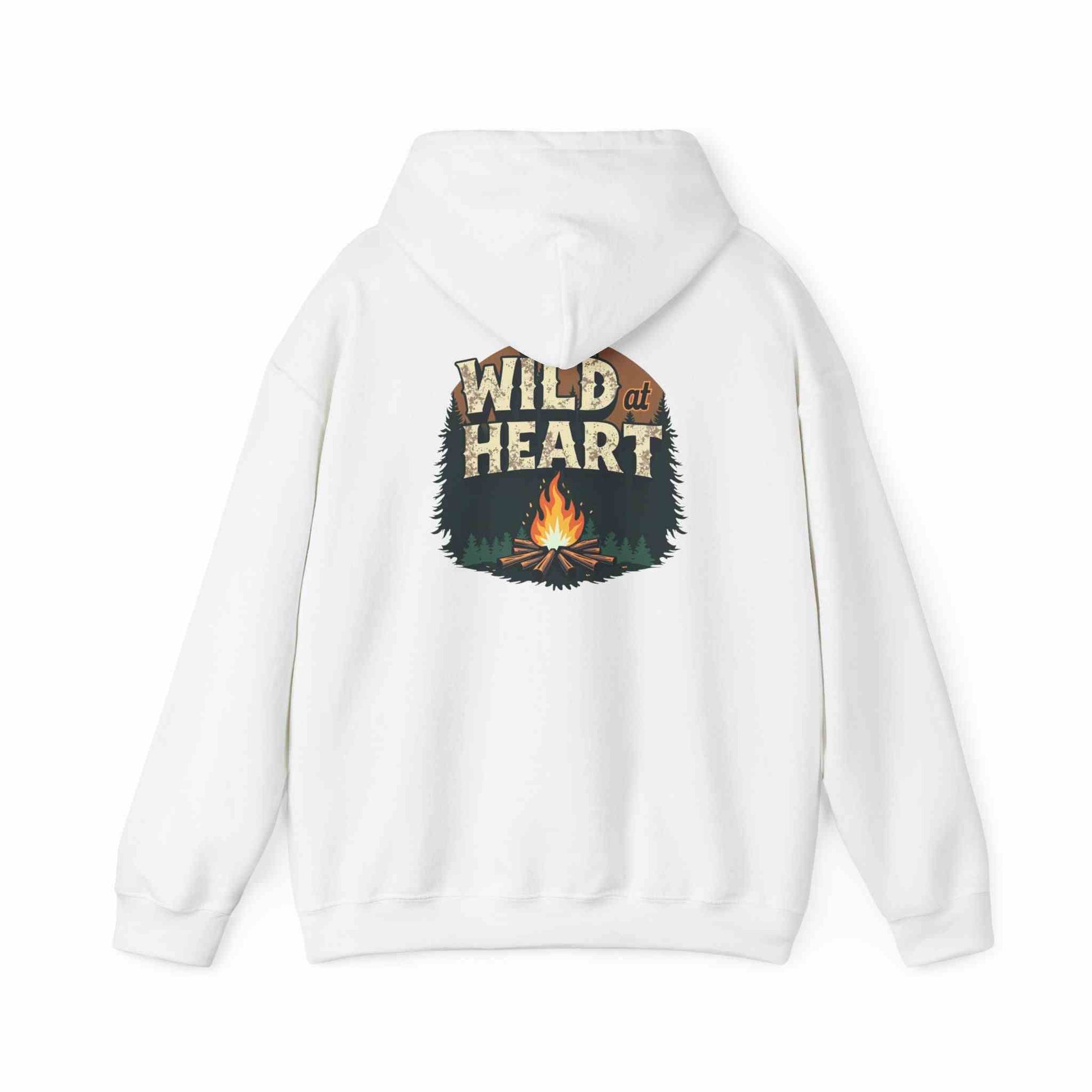 Wild Heart Unisex Hoodie with campfire graphic, cozy white outdoor sweatshirt