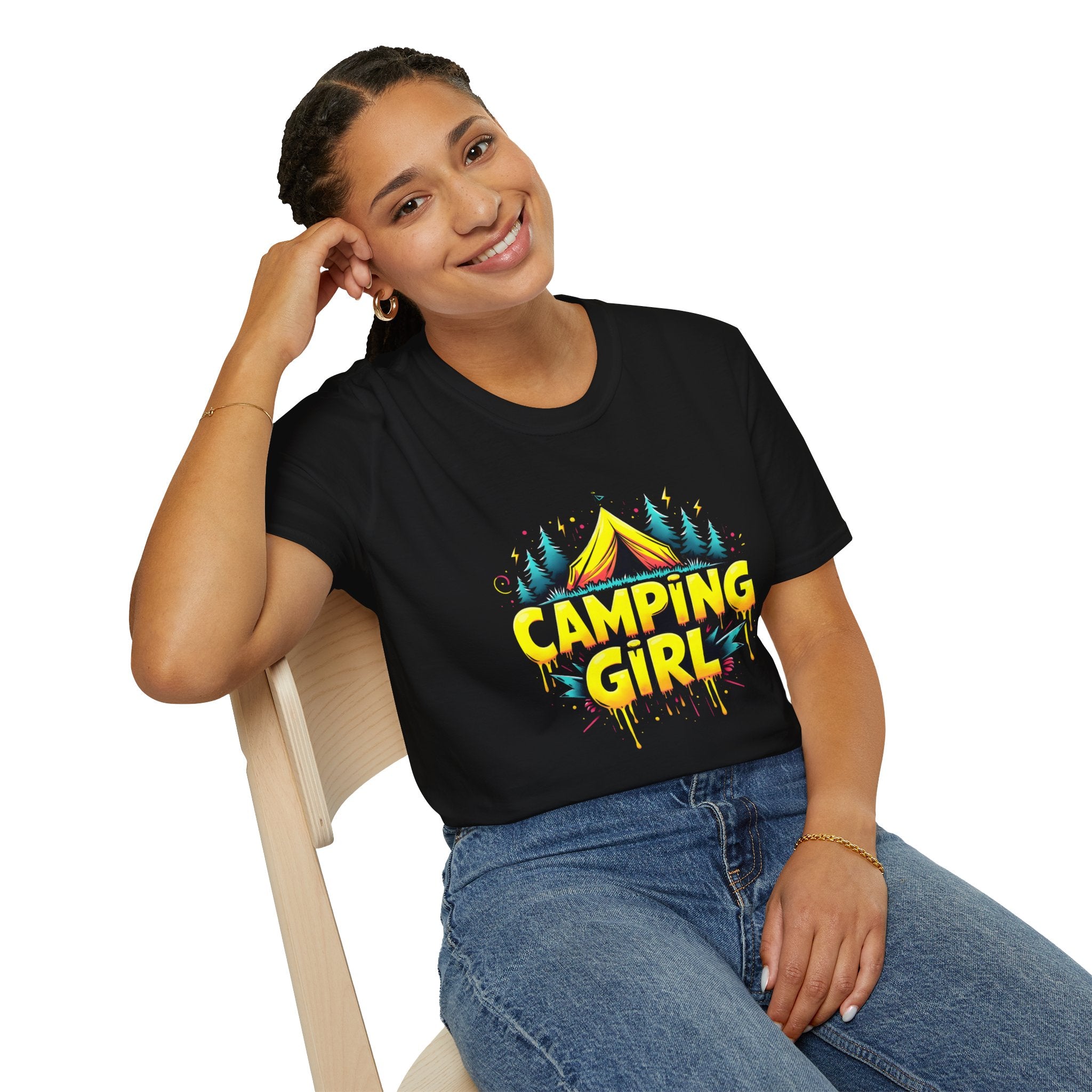 Camping Girl Unisex Softstyle T-Shirt, Outdoor Adventure Tee, Gift for Campers, Hiking Apparel, Summer Vacation Shirt
