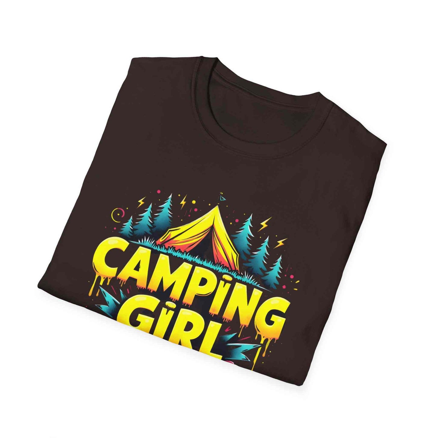 Camping Girl Unisex Softstyle T-Shirt, Outdoor Adventure Tee, Gift for Campers, Hiking Apparel, Summer Vacation Shirt