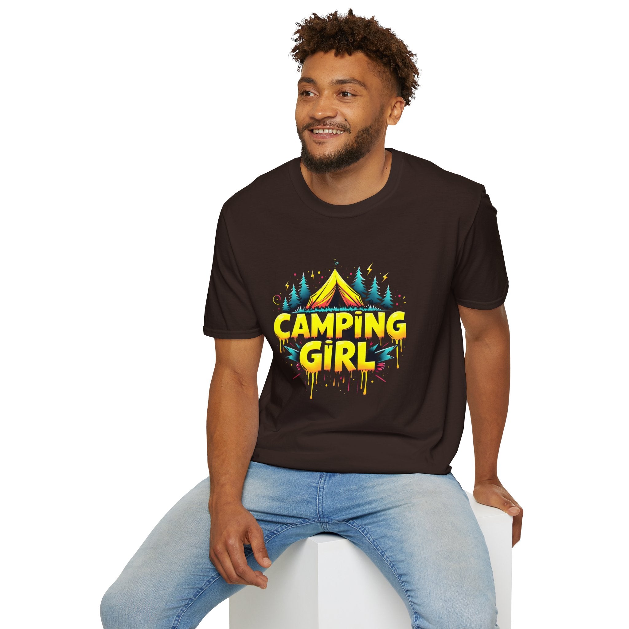 Camping Girl Unisex Softstyle T-Shirt, Outdoor Adventure Tee, Gift for Campers, Hiking Apparel, Summer Vacation Shirt