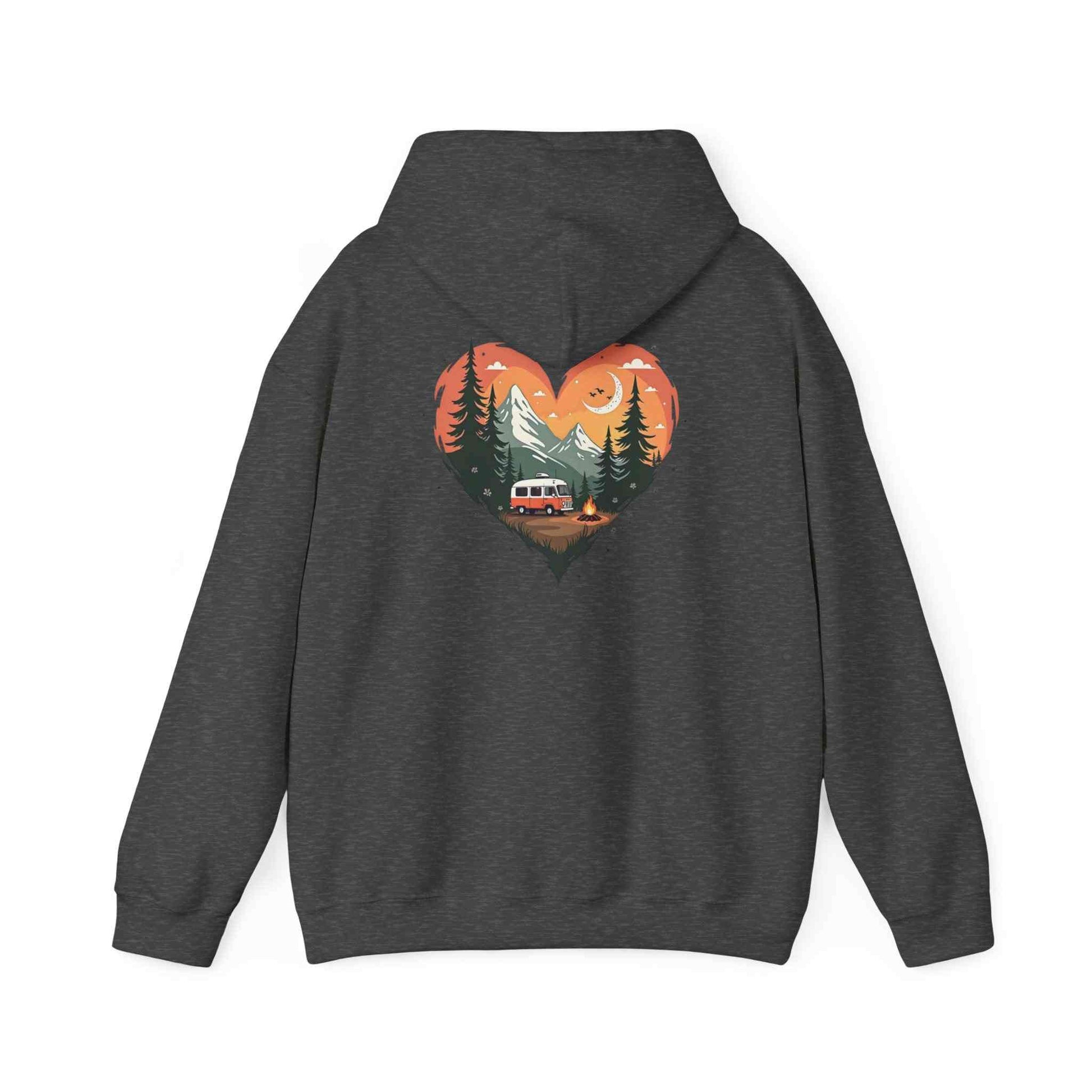 Dark gray unisex hoodie with heart-shaped nature scene featuring trees, mountains, sunset, camper van, and campfire, cozy outdoor sweatshirt.