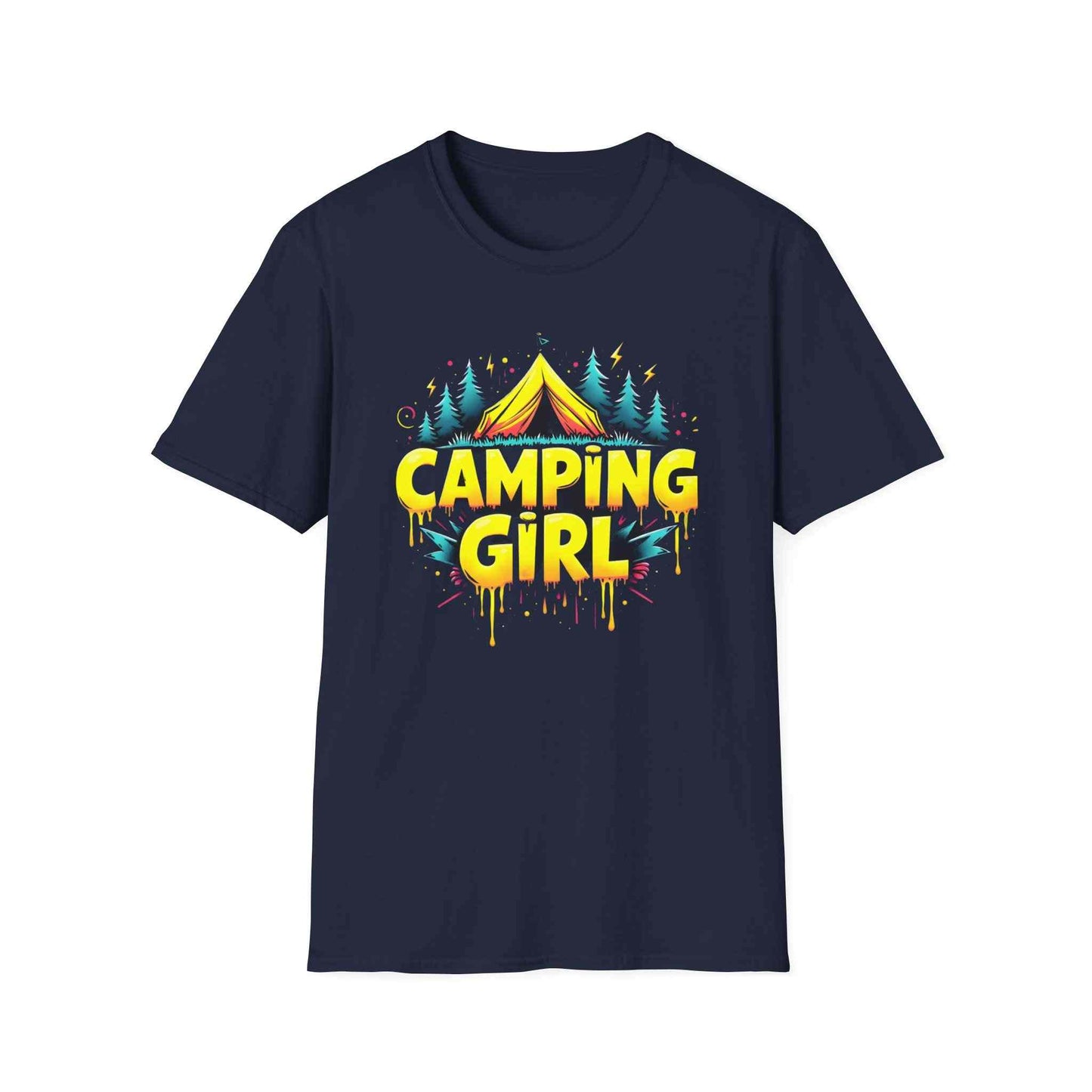 Camping Girl Unisex Softstyle T-Shirt, Outdoor Adventure Tee, Gift for Campers, Hiking Apparel, Summer Vacation Shirt