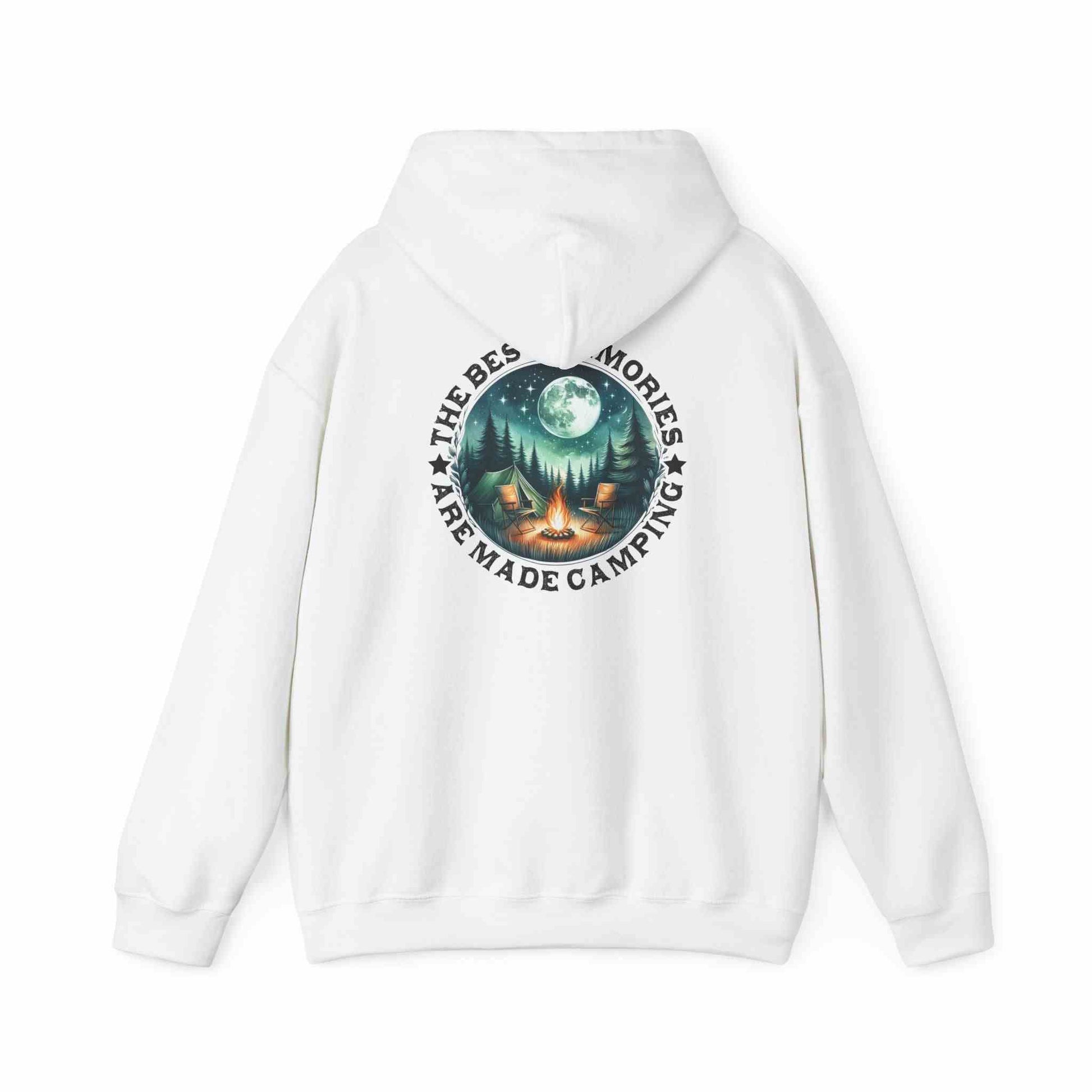 White unisex hoodie with camping scene and "The Best Memories Are Made Camping" text on back, cozy sweatshirt for outdoor adventures