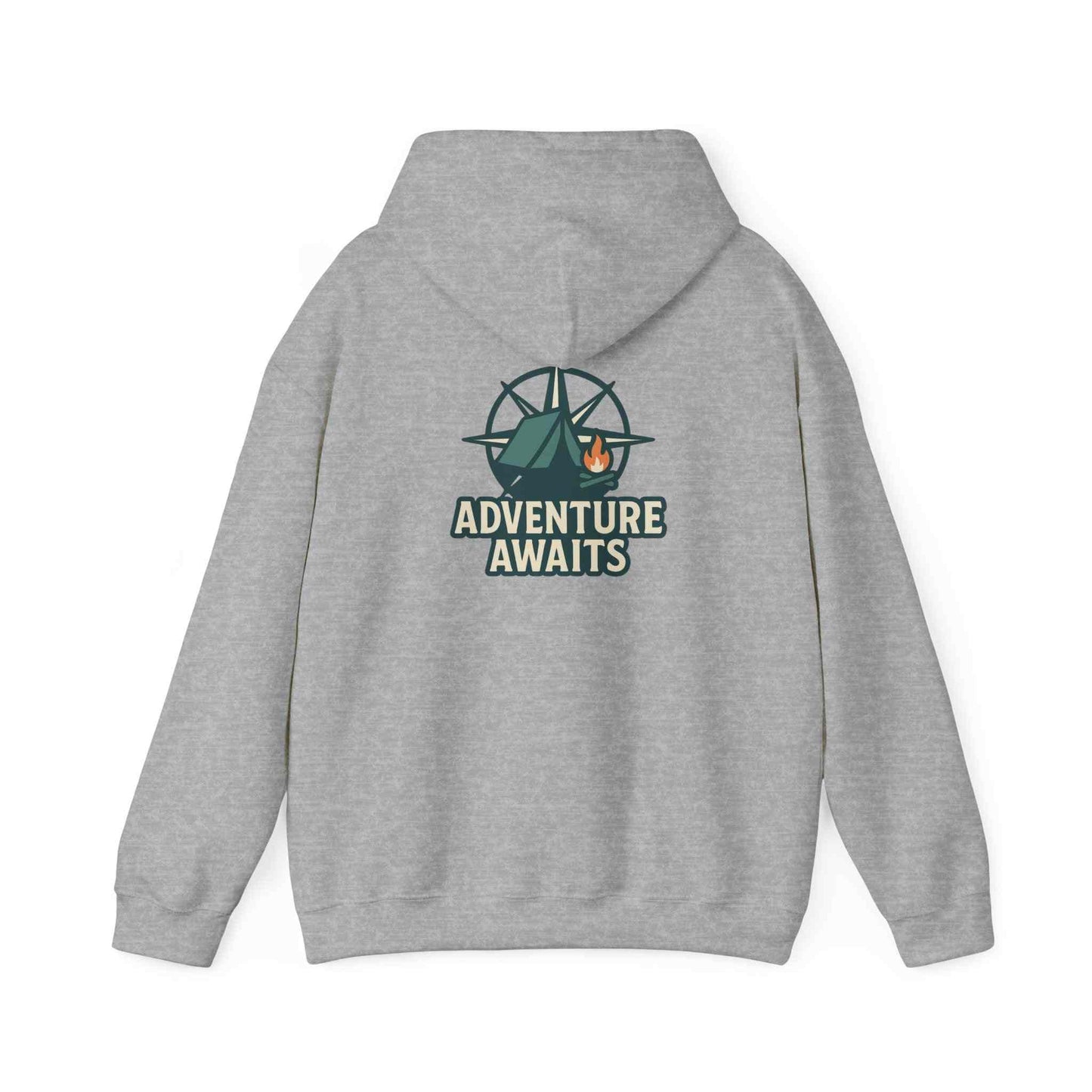 Gray unisex hoodie with Adventure Awaits logo featuring tent and campfire design for travel and outdoor lovers