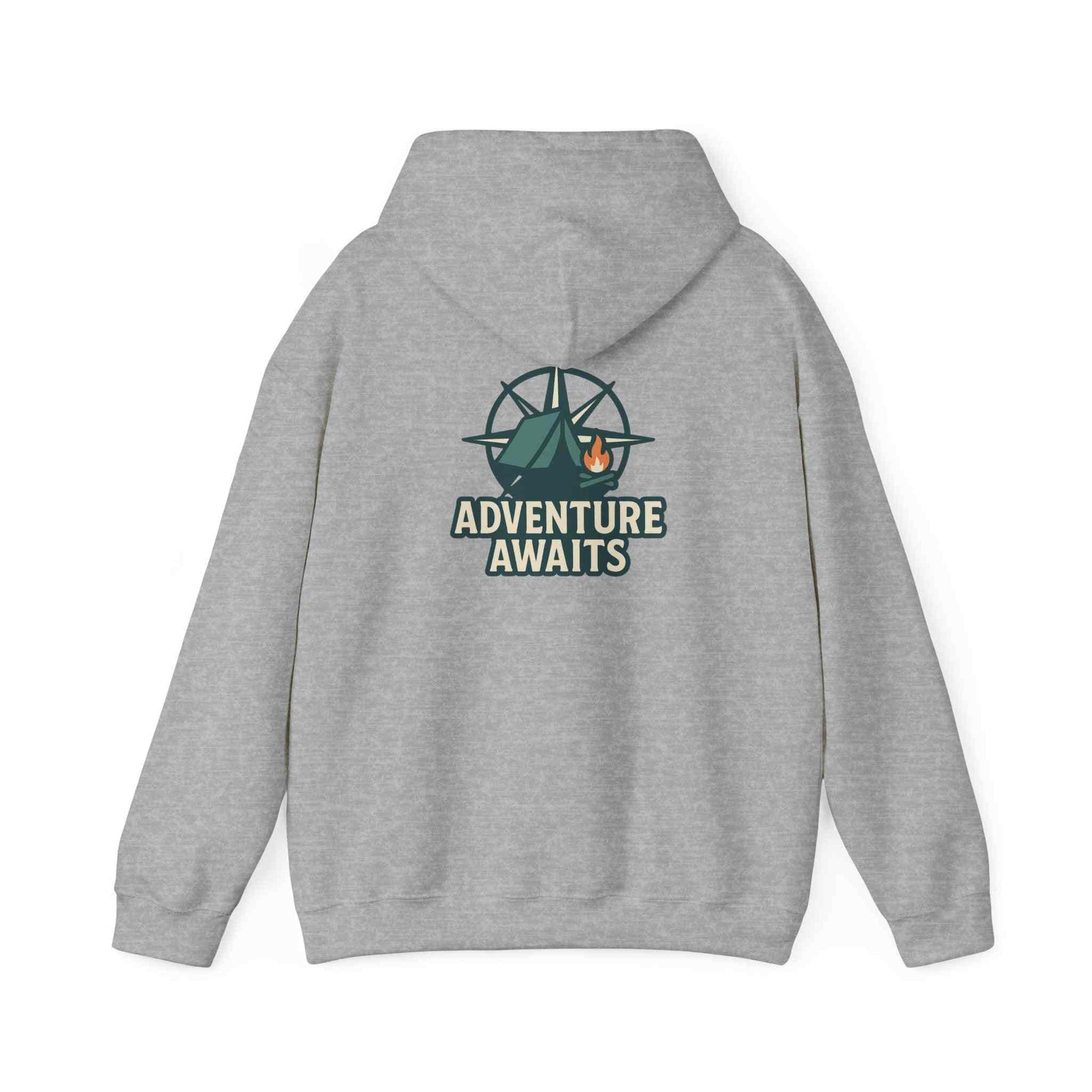 Gray unisex hoodie with Adventure Awaits logo featuring tent and campfire design for travel and outdoor lovers