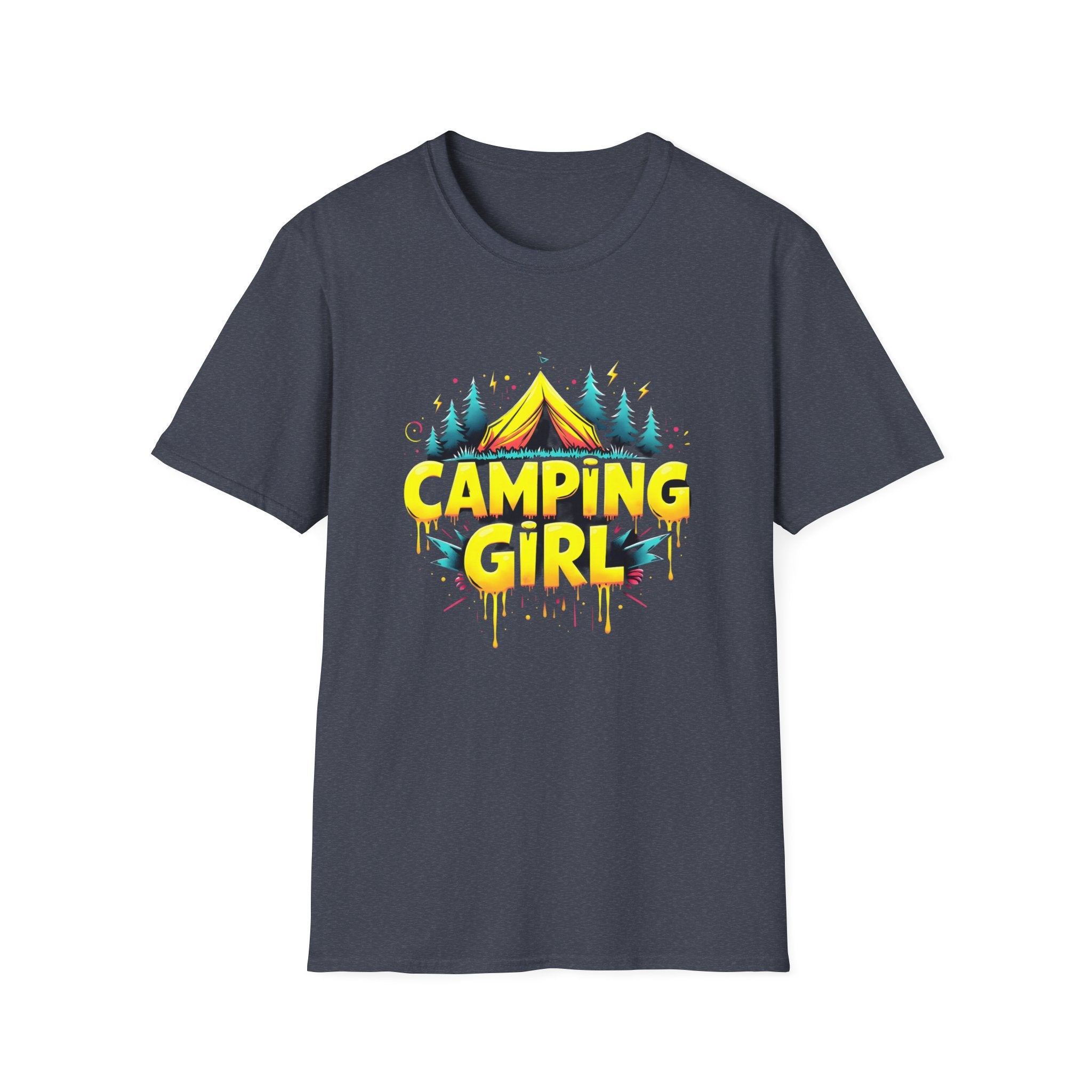 Camping Girl Unisex Softstyle T-Shirt, Outdoor Adventure Tee, Gift for Campers, Hiking Apparel, Summer Vacation Shirt
