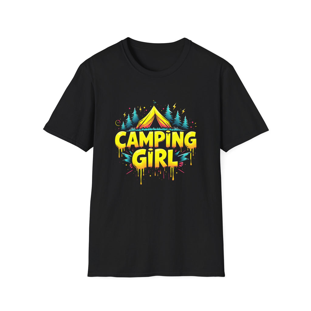 Camping Girl Unisex Softstyle T-Shirt, Outdoor Adventure Tee, Gift for Campers, Hiking Apparel, Summer Vacation Shirt