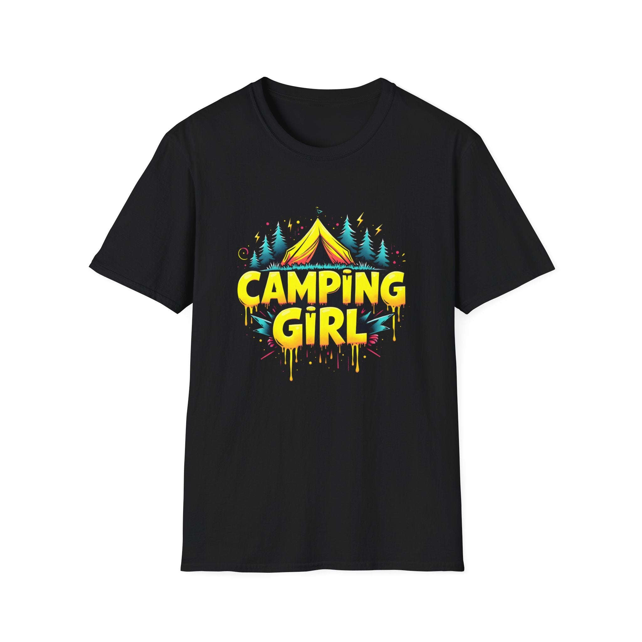 Camping Girl Unisex Softstyle T-Shirt, Outdoor Adventure Tee, Gift for Campers, Hiking Apparel, Summer Vacation Shirt