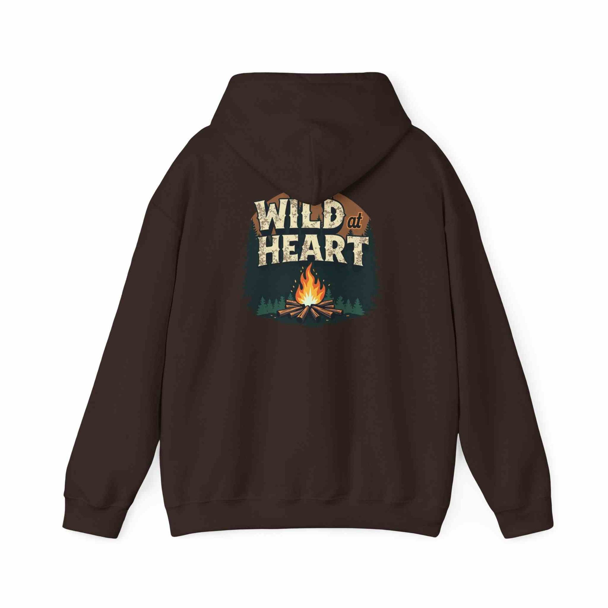 Brown Wild Heart Unisex Hoodie with campfire graphic, cozy outdoor sweatshirt for camping and hiking enthusiasts