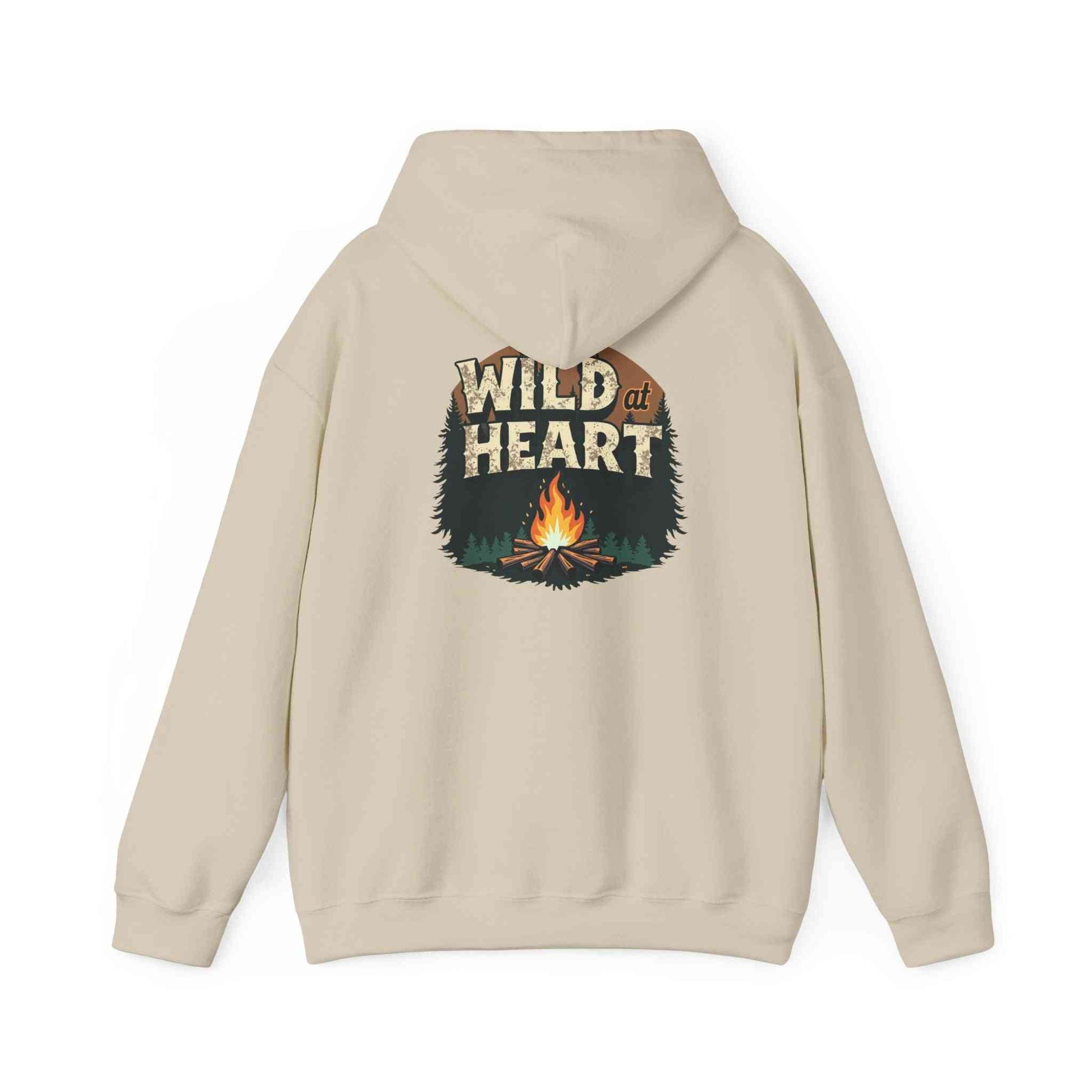 Beige Wild Heart Unisex Hoodie with campfire and forest graphic on back, cozy camping sweatshirt