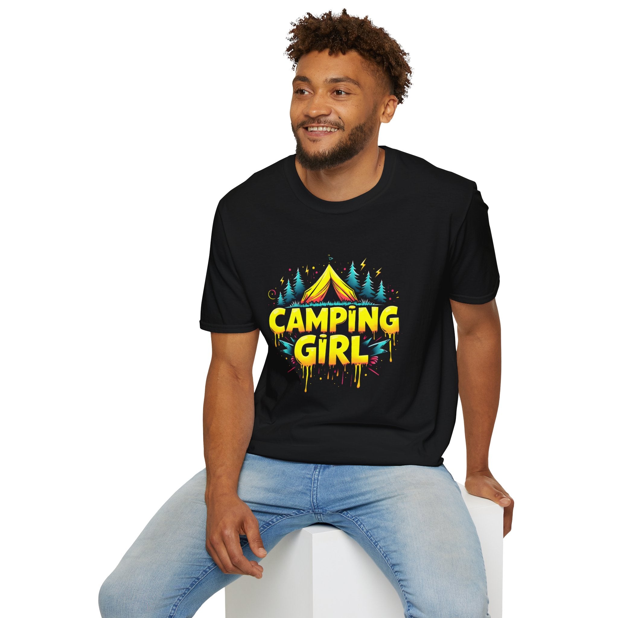 Camping Girl Unisex Softstyle T-Shirt, Outdoor Adventure Tee, Gift for Campers, Hiking Apparel, Summer Vacation Shirt