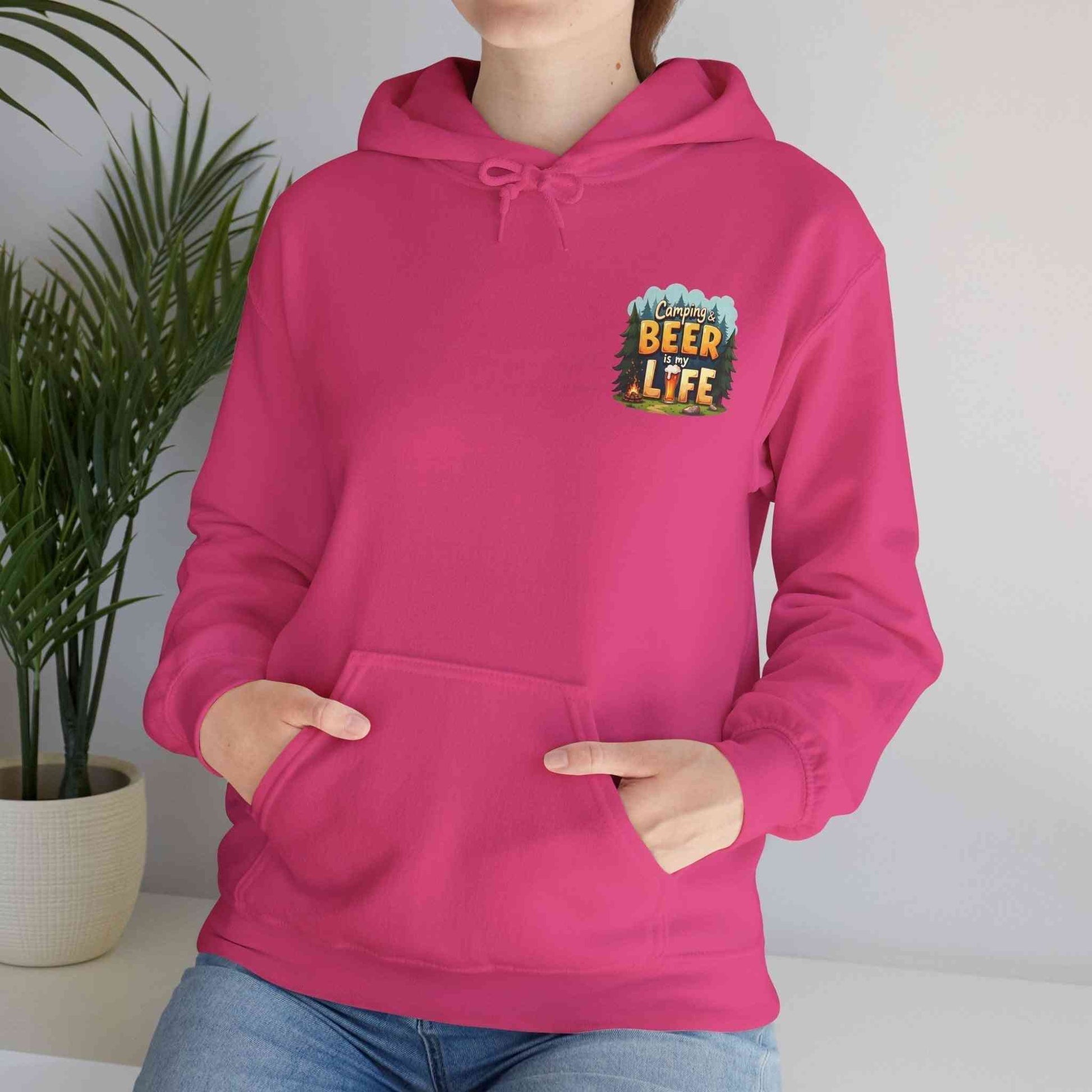 Unisex heavy blend pink Beer Life Camping Hoodie with kangaroo pocket and adjustable hood for outdoor and casual wear
