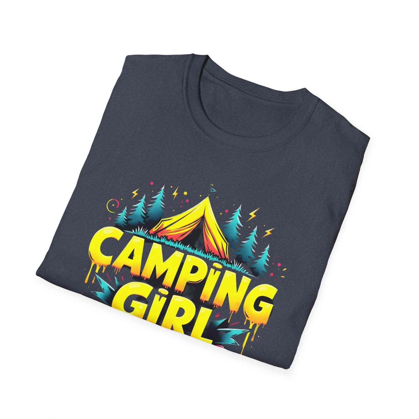 Camping Girl Unisex Softstyle T-Shirt, Outdoor Adventure Tee, Gift for Campers, Hiking Apparel, Summer Vacation Shirt