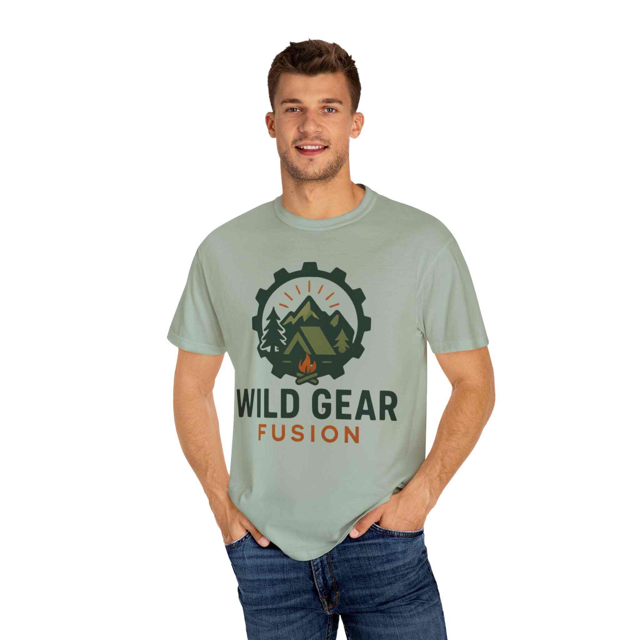 Wild Gear Fusion unisex garment-dyed outdoor t-shirt with nature logo, eco-friendly camping apparel