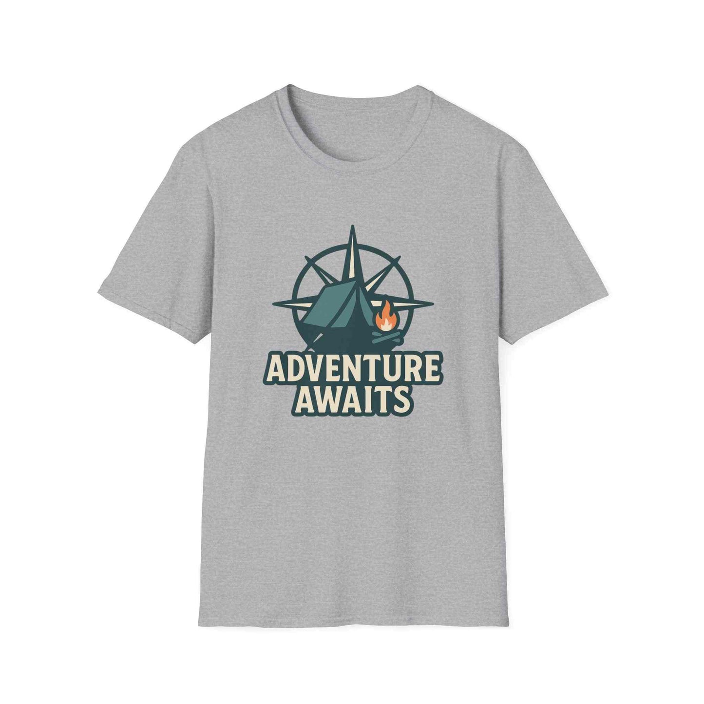Adventure Awaits Unisex Softstyle T-Shirt, Camping Shirt, Hiking Tee, Outdoor Enthusiast Gift, Adventure Lover Apparel, Travel T-Shirt