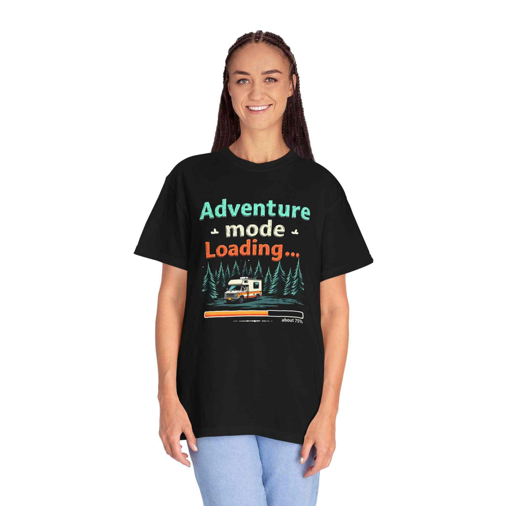Unisex black t-shirt with "Adventure Mode Loading" text and camper van graphic, casual outdoor wear