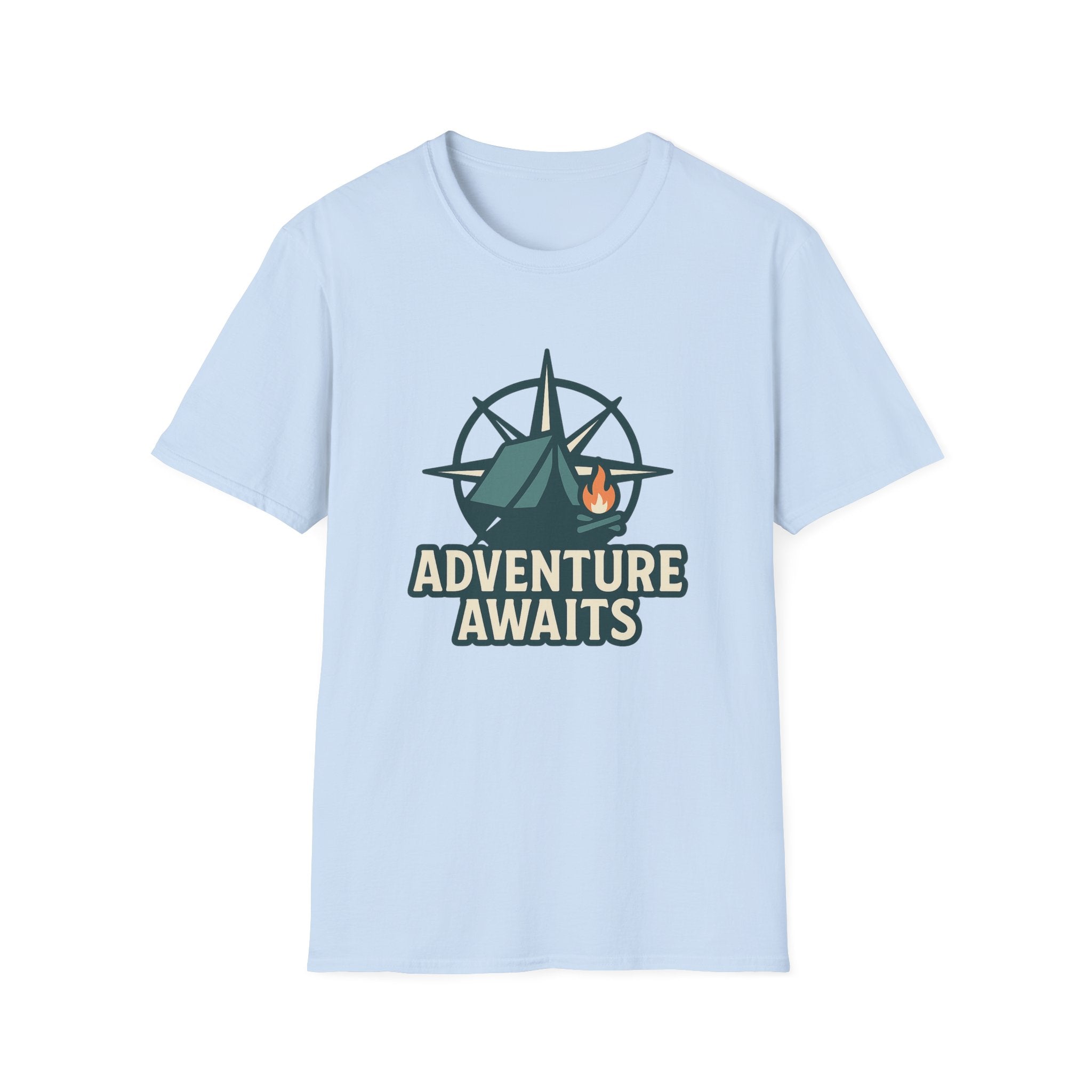 Adventure Awaits Unisex Softstyle T-Shirt, Camping Shirt, Hiking Tee, Outdoor Enthusiast Gift, Adventure Lover Apparel, Travel T-Shirt