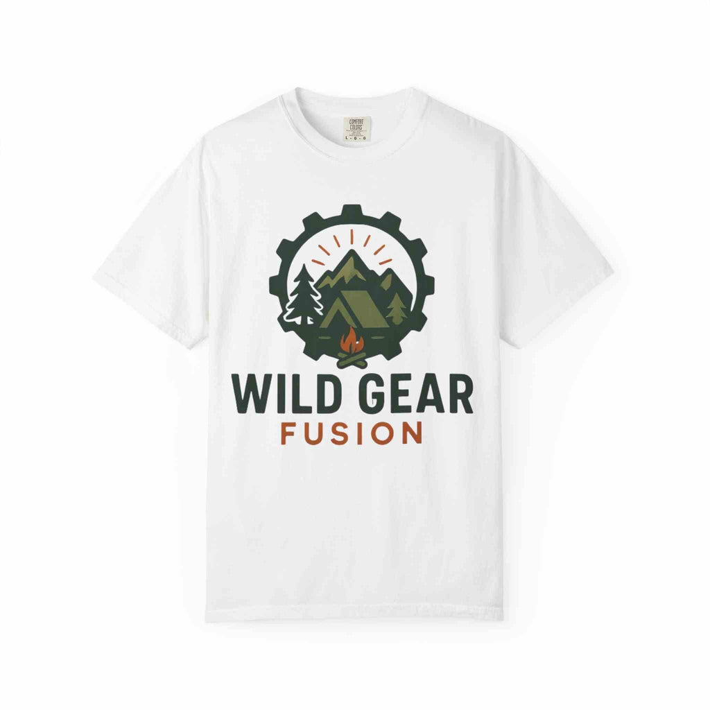 White Wild Gear Fusion unisex garment-dyed t-shirt with outdoor camping logo and nature design